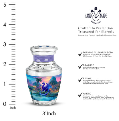 Slate Blue Dragon Cremation Urn top-down view of secure threaded lid - modern art-inspired dragon motif on sleek aluminum - mini keepsake memorial for portion of cremation ashes