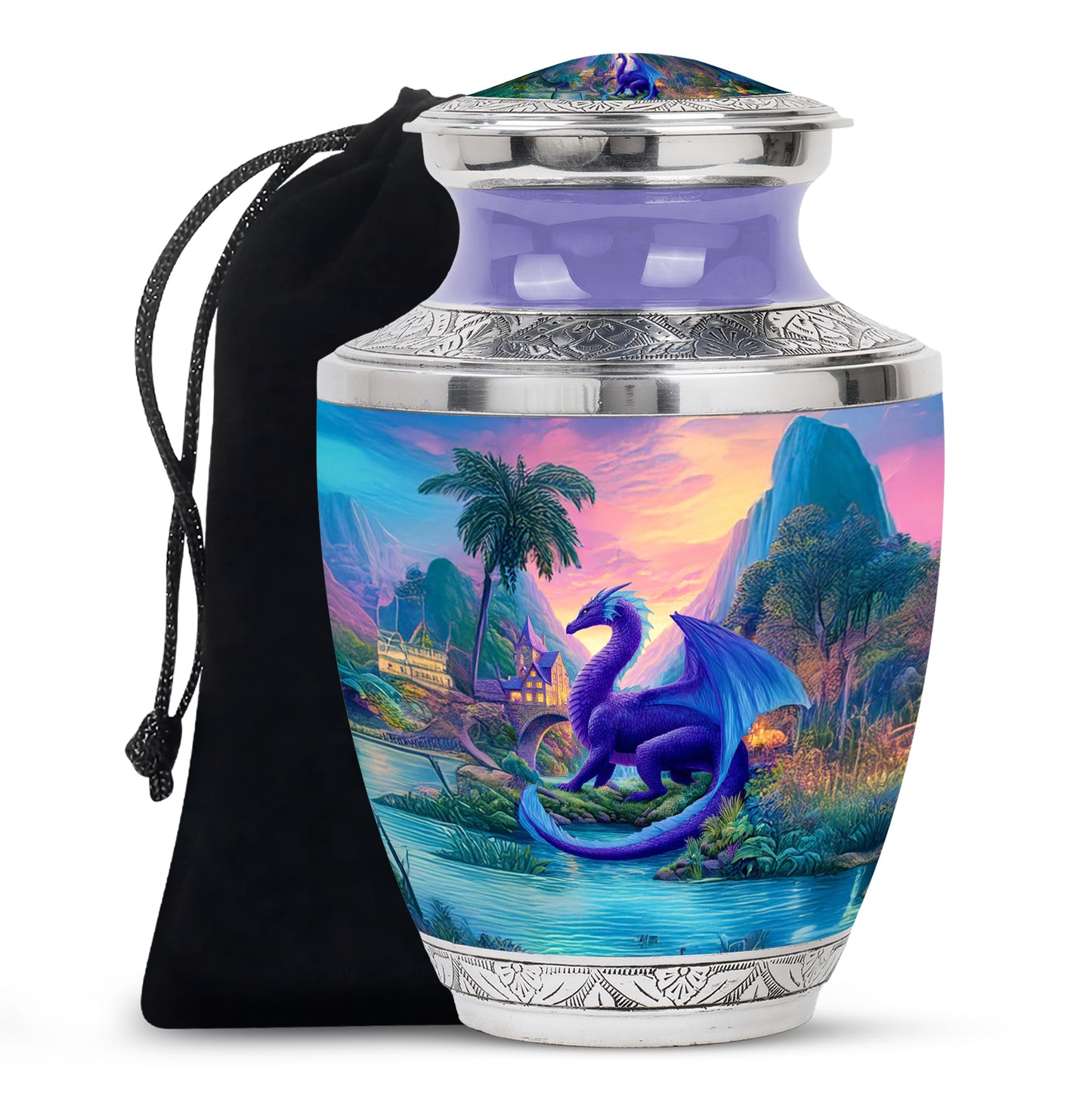 Twilight Blue Dragon Cremation Urn side profile showing urn shape - stylized abstract dragon pattern with bold lines - full-size 10 inch 200 cubic inch adult cremation urn
