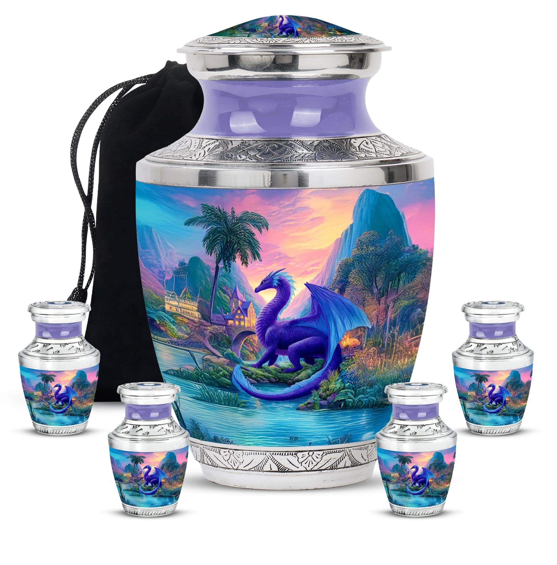 Twilight Blue Dragon Cremation Urn lifestyle display on memorial shelf - stylized abstract dragon pattern with bold lines - memorial set with one large and four small urns