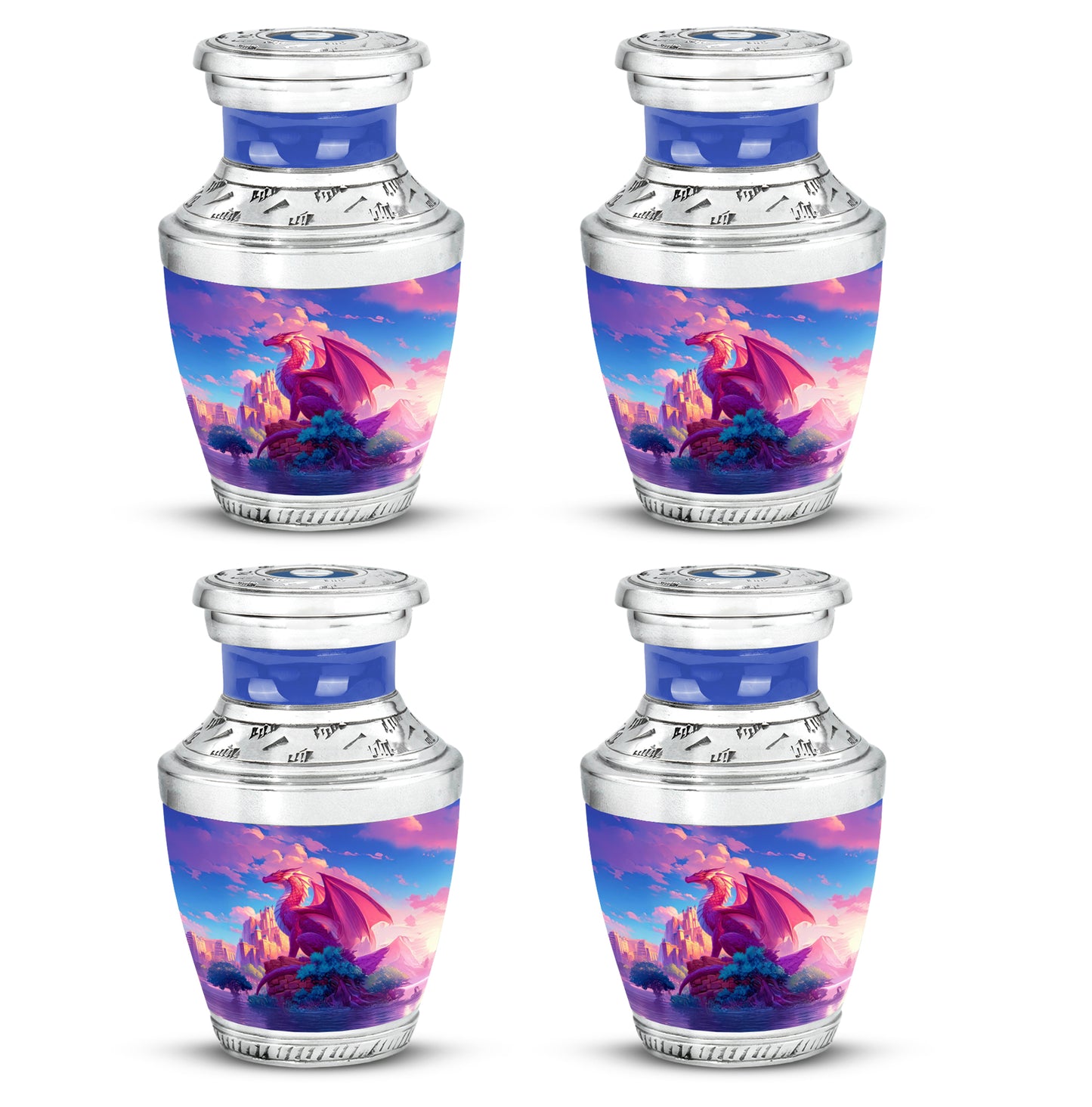Dusty Blue Dragon Cremation Urn back view with polished surface - modern art-inspired dragon motif on sleek aluminum - 10 inch aluminum urn for cremated remains