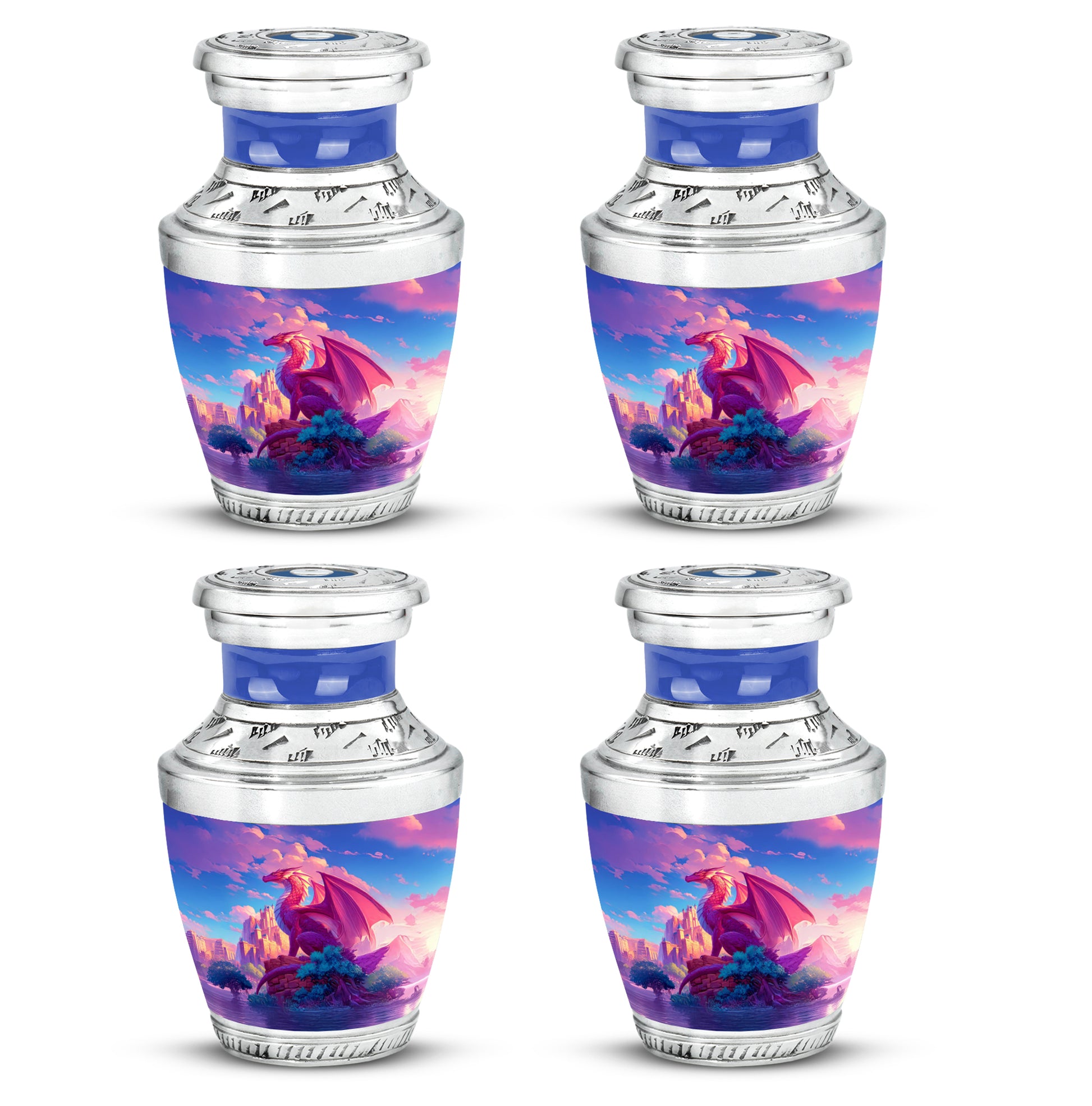 Dusty Blue Dragon Cremation Urn back view with polished surface - modern art-inspired dragon motif on sleek aluminum - 10 inch aluminum urn for cremated remains