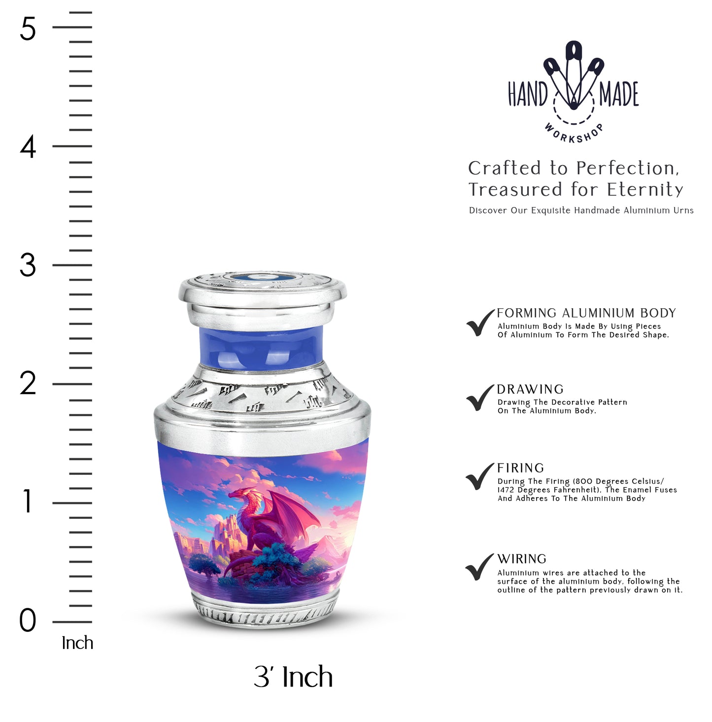 Steel Blue Dragon Cremation Urn top-down view of secure threaded lid - stylized abstract dragon pattern with bold lines - mini keepsake memorial for portion of cremation ashes