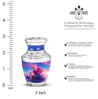 Steel Blue Dragon Cremation Urn top-down view of secure threaded lid - stylized abstract dragon pattern with bold lines - mini keepsake memorial for portion of cremation ashes