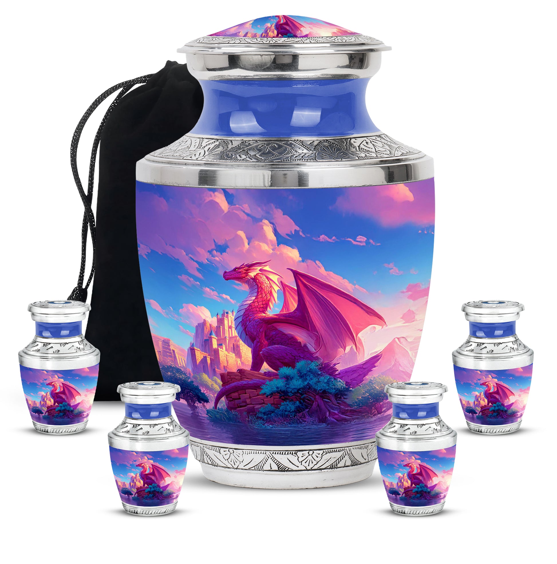 Slate Blue Dragon Cremation Urn lifestyle display on memorial shelf - modern art-inspired dragon motif on sleek aluminum - memorial set with one large and four small urns