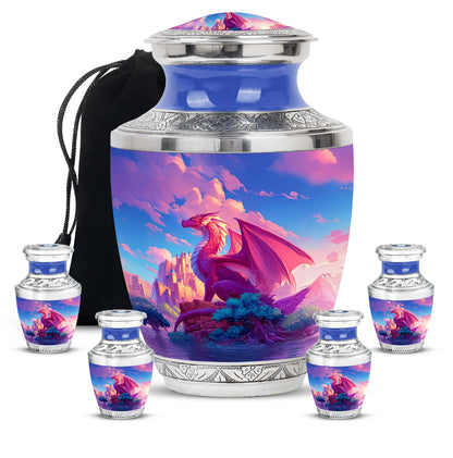 Slate Blue Dragon Cremation Urn lifestyle display on memorial shelf - modern art-inspired dragon motif on sleek aluminum - memorial set with one large and four small urns