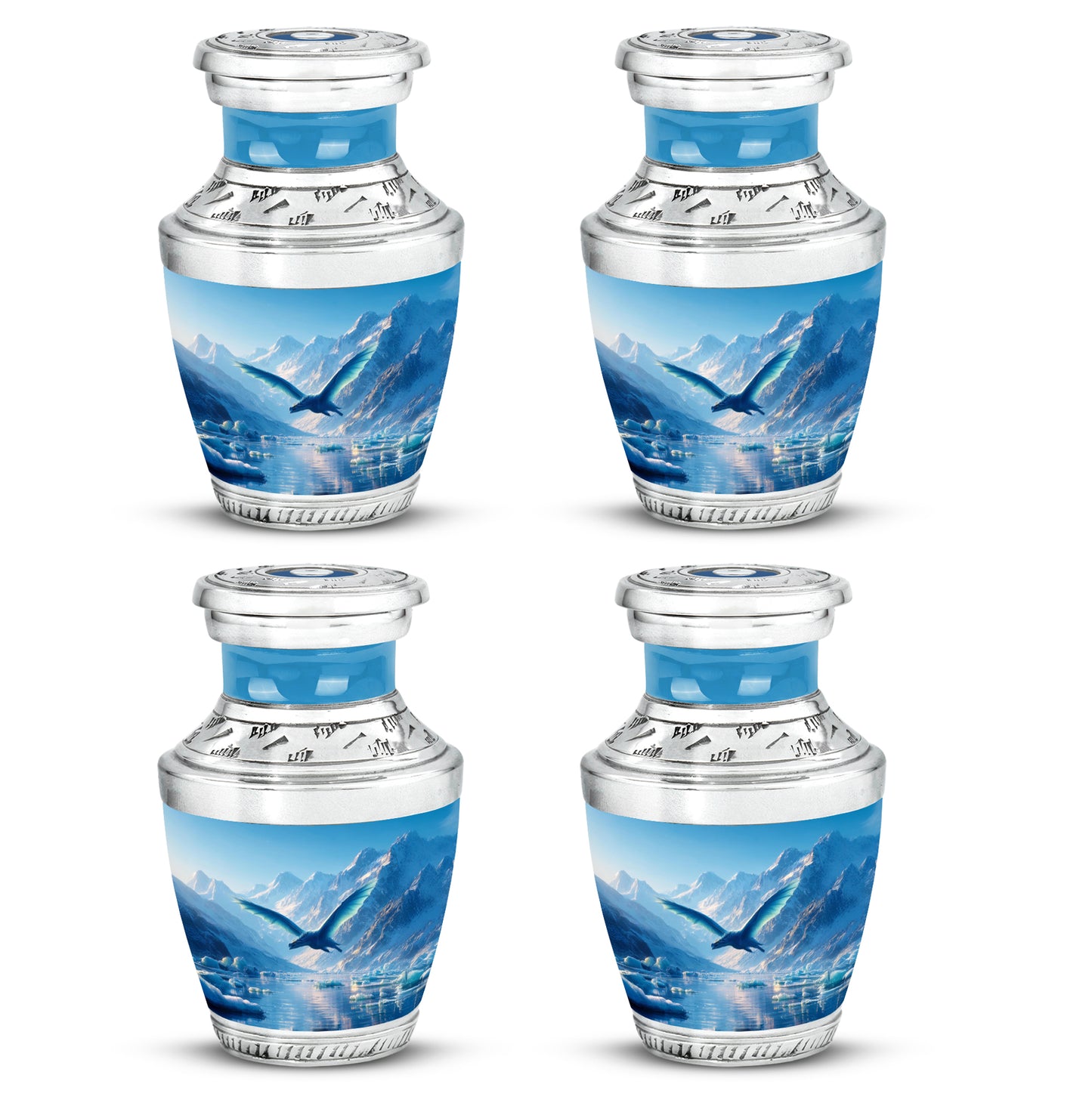 Royal Blue Dragon Cremation Urn back view with polished surface - stylized abstract dragon pattern with bold lines - 10 inch aluminum urn for cremated remains