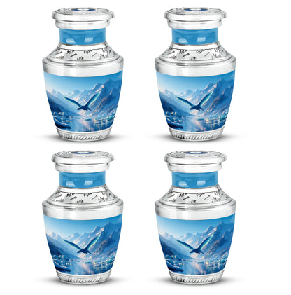 Royal Blue Dragon Cremation Urn back view with polished surface - stylized abstract dragon pattern with bold lines - 10 inch aluminum urn for cremated remains