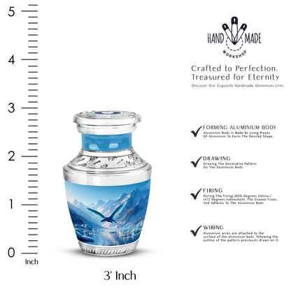 Royal Blue Dragon Cremation Urn top-down view of secure threaded lid - artistic dragon interpretation with creative detail - mini keepsake memorial for portion of cremation ashes
