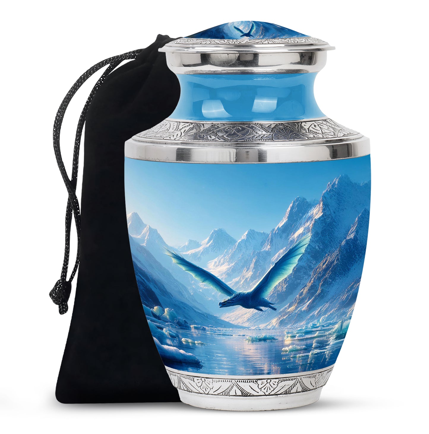 Indigo Dragon Cremation Urn side profile showing urn shape - contemporary dragon design with modern artistic flair - full-size 10 inch 200 cubic inch adult cremation urn