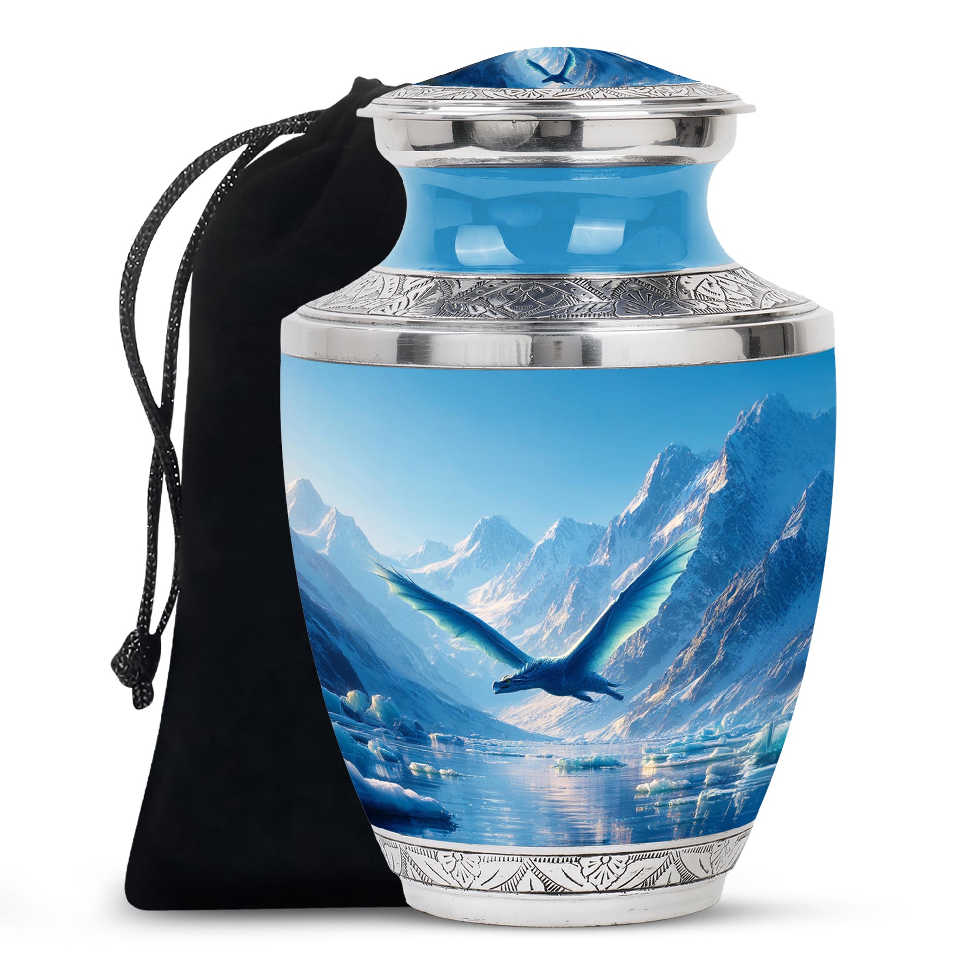 Indigo Dragon Cremation Urn side profile showing urn shape - contemporary dragon design with modern artistic flair - full-size 10 inch 200 cubic inch adult cremation urn