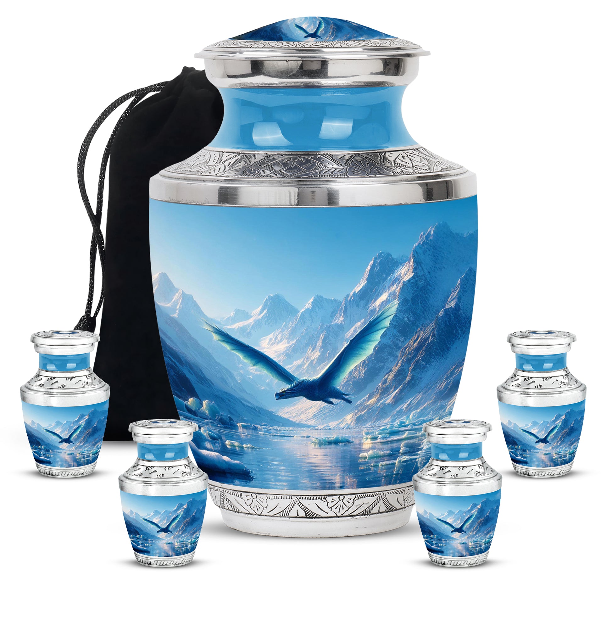 Icy Blue Dragon Cremation Urn lifestyle display on memorial shelf - contemporary dragon design with modern artistic flair - memorial set with one large and four small urns