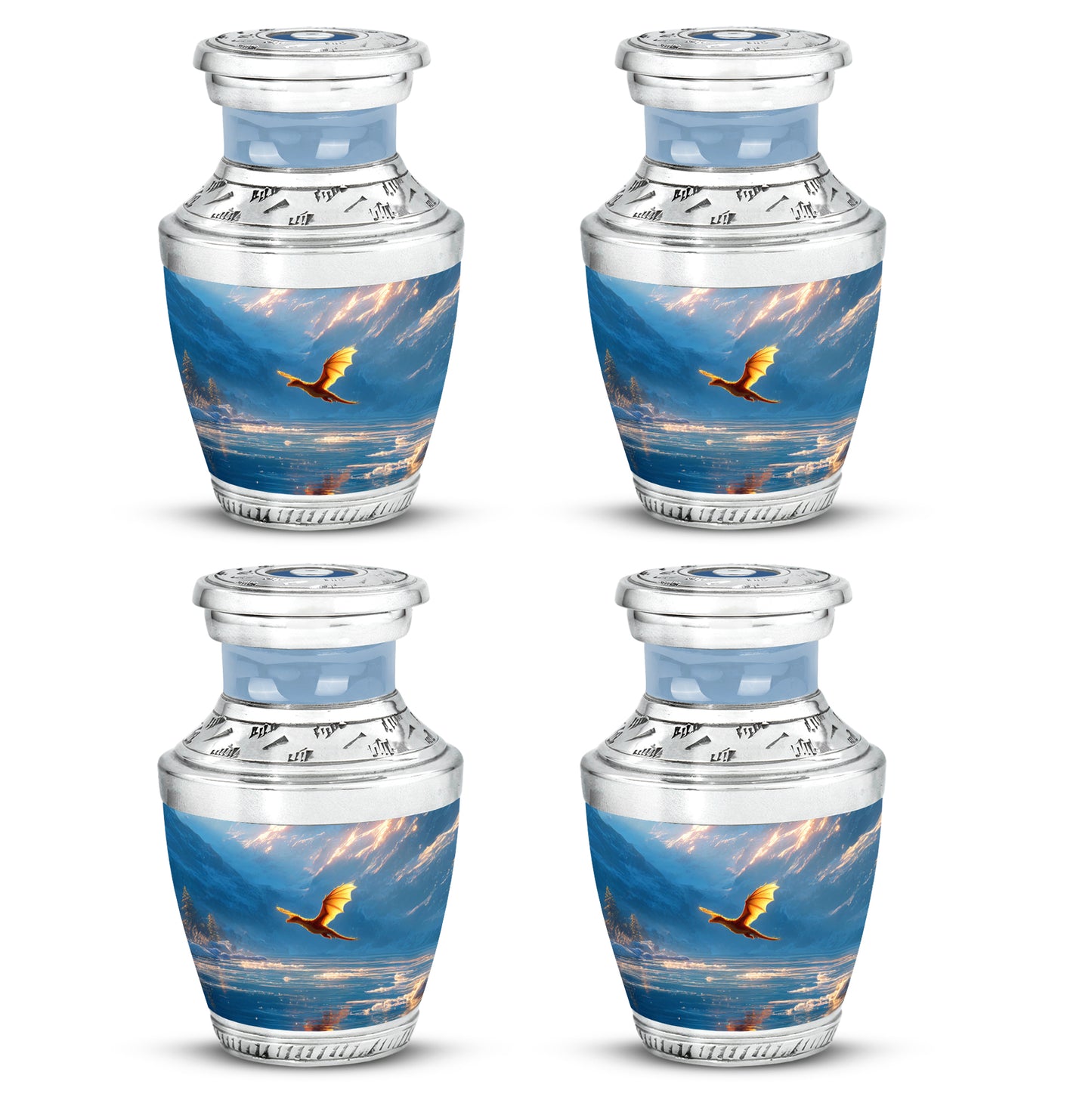 Misty Blue Dragon Cremation Urn back view with polished surface - contemporary dragon design with modern artistic flair - 10 inch aluminum urn for cremated remains