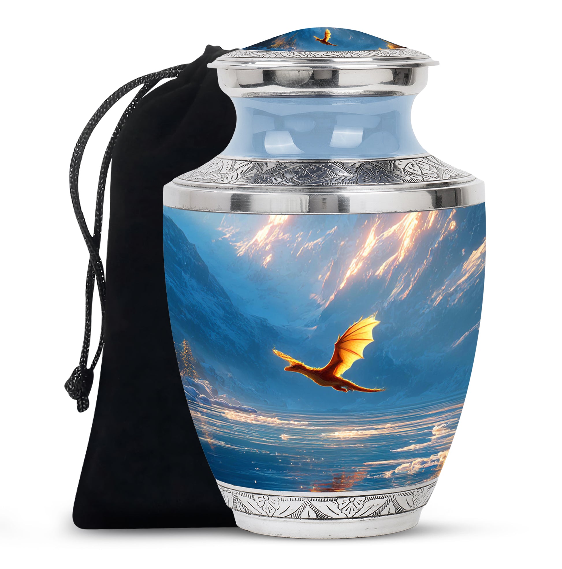 Vivid Blue Dragon Cremation Urn side profile showing urn shape - artistic dragon interpretation with creative detail - full-size 10 inch 200 cubic inch adult cremation urn