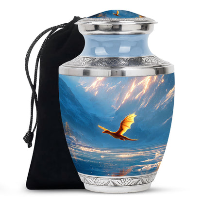 Vivid Blue Dragon Cremation Urn side profile showing urn shape - artistic dragon interpretation with creative detail - full-size 10 inch 200 cubic inch adult cremation urn