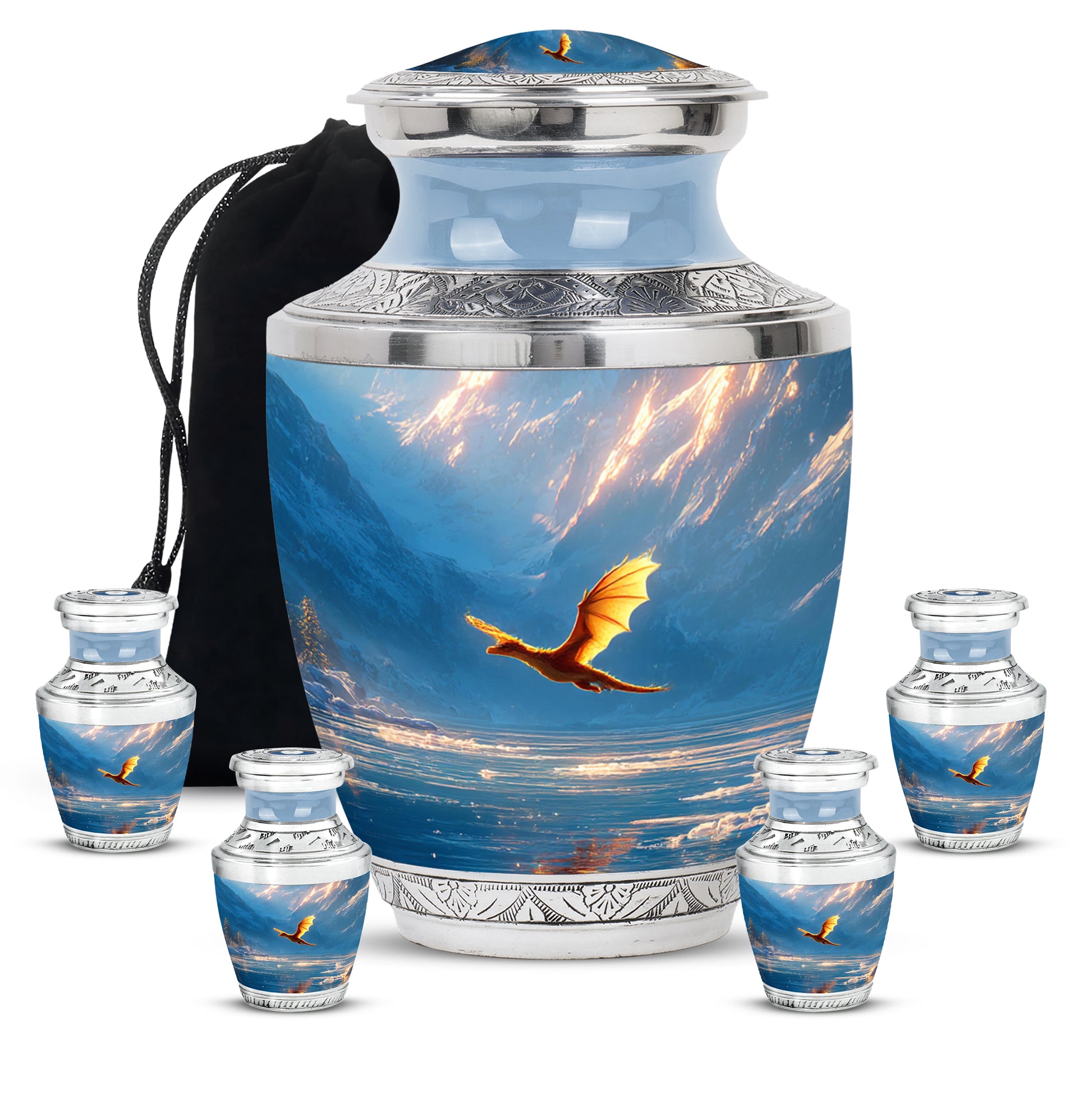 Cornflower Blue Dragon Cremation Urn lifestyle display on memorial shelf - stylized abstract dragon pattern with bold lines - memorial set with one large and four small urns