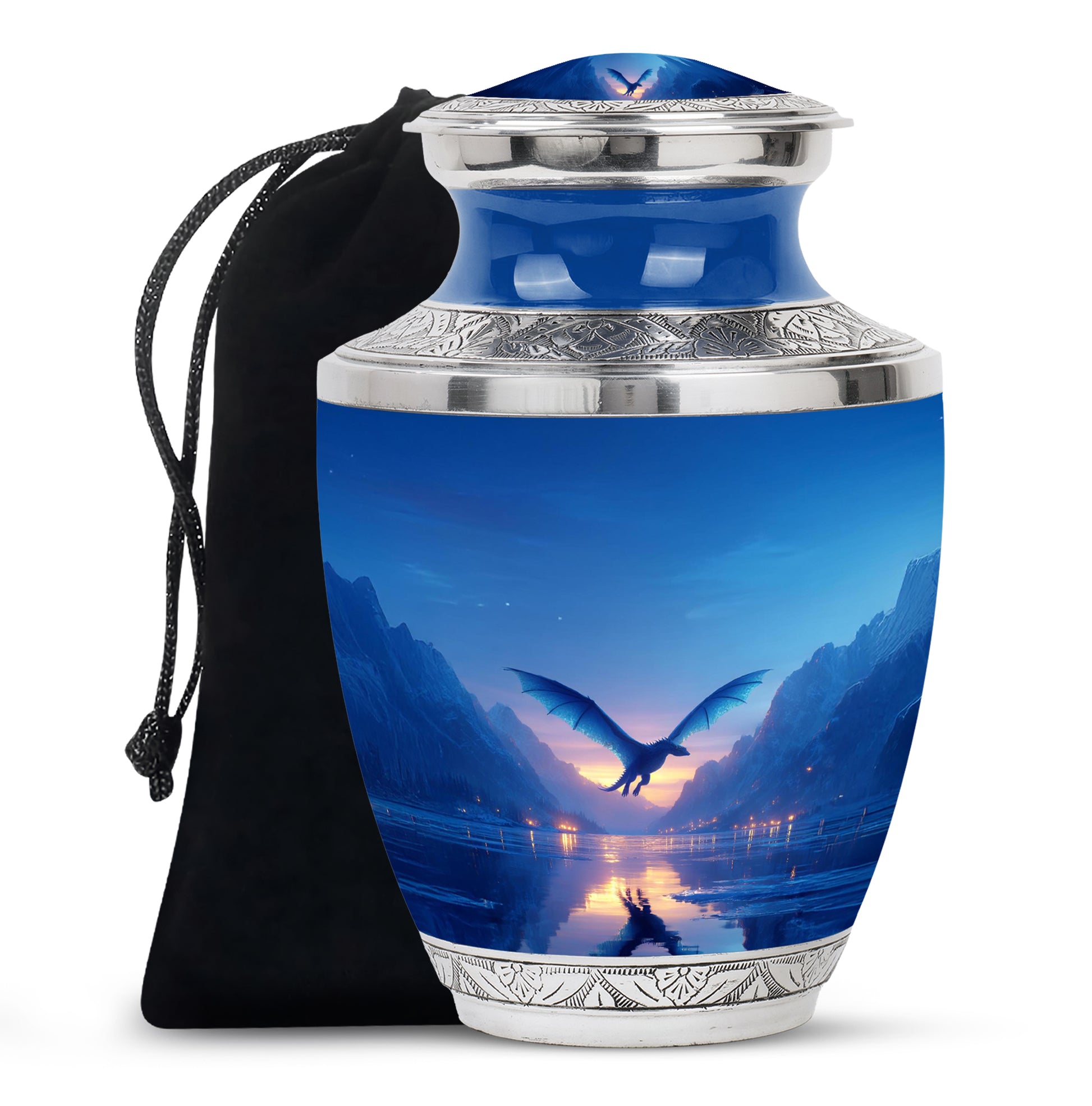 Powder Blue Dragon Cremation Urn side profile showing urn shape - contemporary dragon design with modern artistic flair - full-size 10 inch 200 cubic inch adult cremation urn