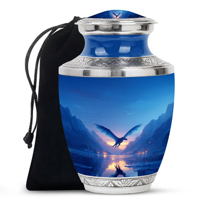 Powder Blue Dragon Cremation Urn side profile showing urn shape - contemporary dragon design with modern artistic flair - full-size 10 inch 200 cubic inch adult cremation urn
