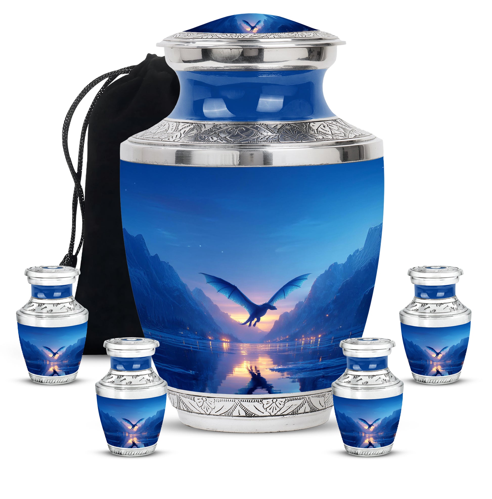 Slate Blue Dragon Cremation Urn lifestyle display on memorial shelf - modern art-inspired dragon motif on sleek aluminum - memorial set with one large and four small urns