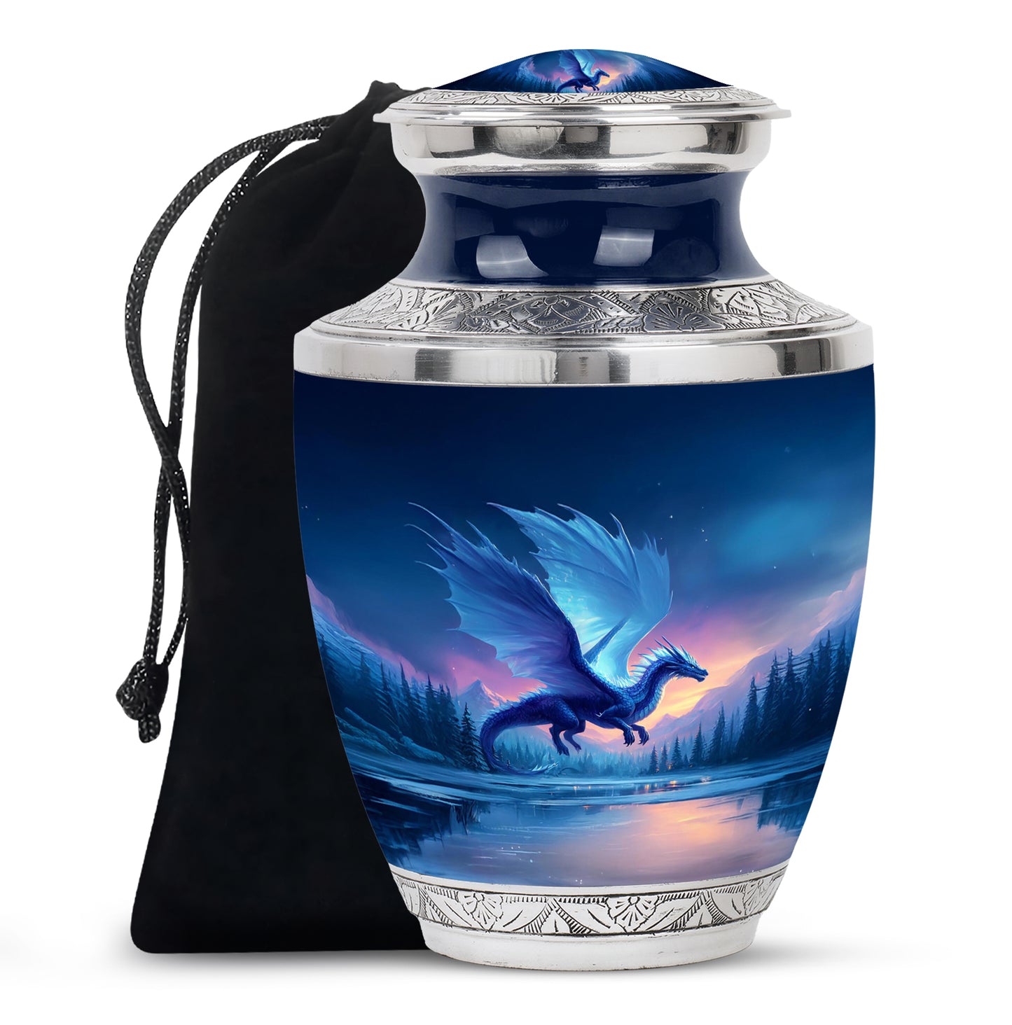 Icy Blue Dragon Cremation Urn side profile showing urn shape - contemporary dragon design with modern artistic flair - full-size 10 inch 200 cubic inch adult cremation urn