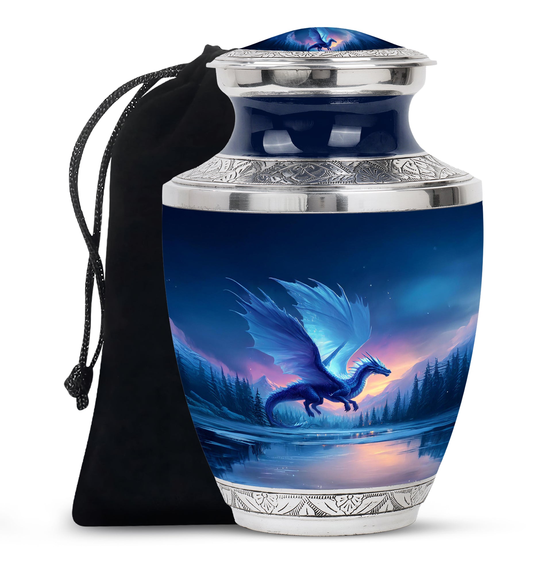 Icy Blue Dragon Cremation Urn side profile showing urn shape - contemporary dragon design with modern artistic flair - full-size 10 inch 200 cubic inch adult cremation urn