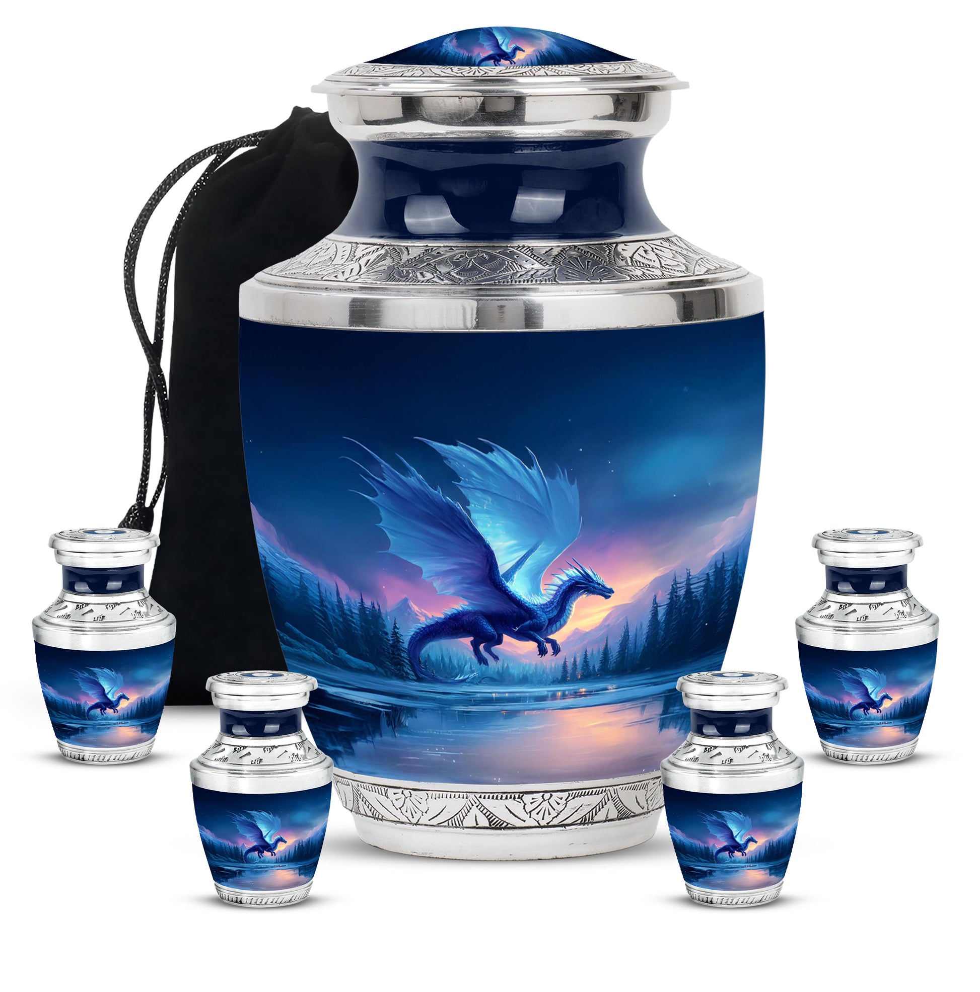 Twilight Blue Dragon Cremation Urn lifestyle display on memorial shelf - artistic dragon interpretation with creative detail - memorial set with one large and four small urns