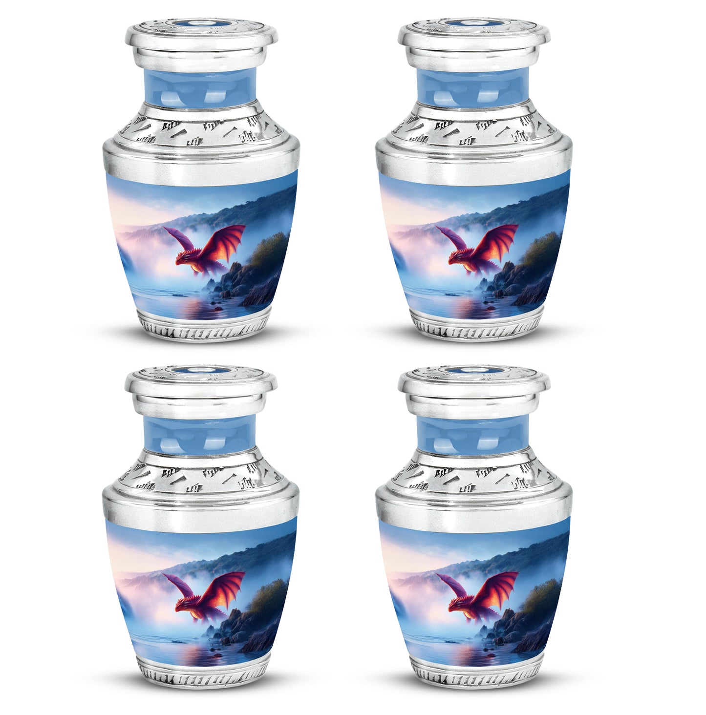 Calming Blue Dragon Cremation Urn back view with polished surface - artistic dragon interpretation with creative detail - 10 inch aluminum urn for cremated remains
