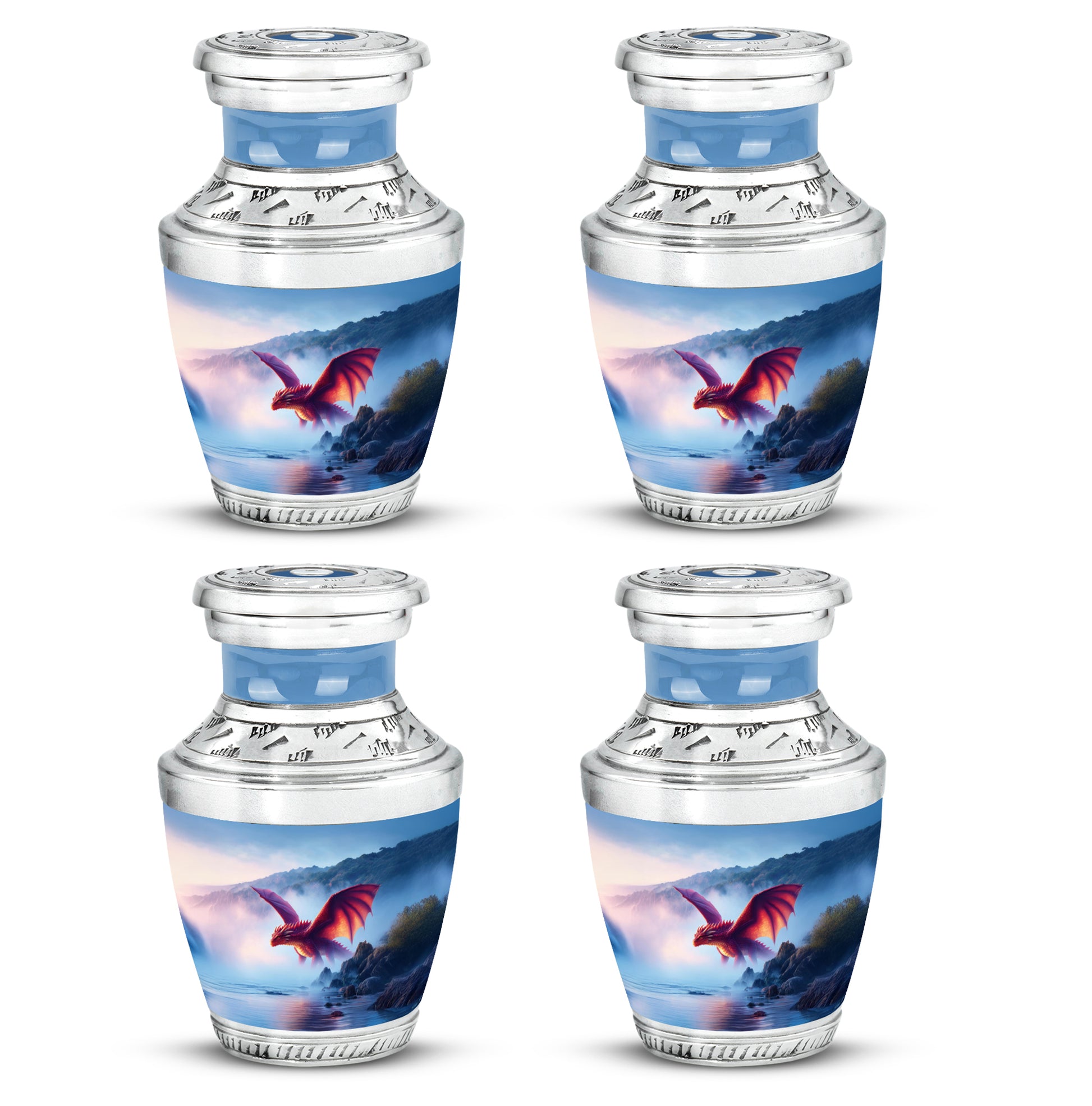 Calming Blue Dragon Cremation Urn back view with polished surface - artistic dragon interpretation with creative detail - 10 inch aluminum urn for cremated remains