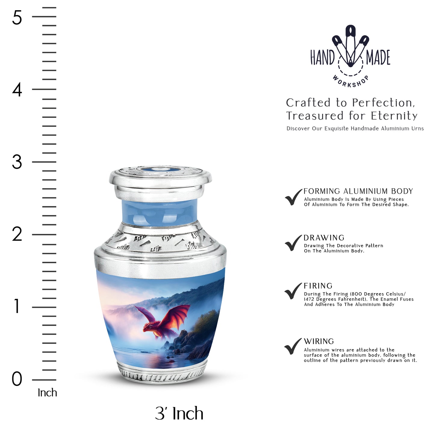 Sapphire Blue Dragon Cremation Urn top-down view of secure threaded lid - artistic dragon interpretation with creative detail - mini keepsake memorial for portion of cremation ashes