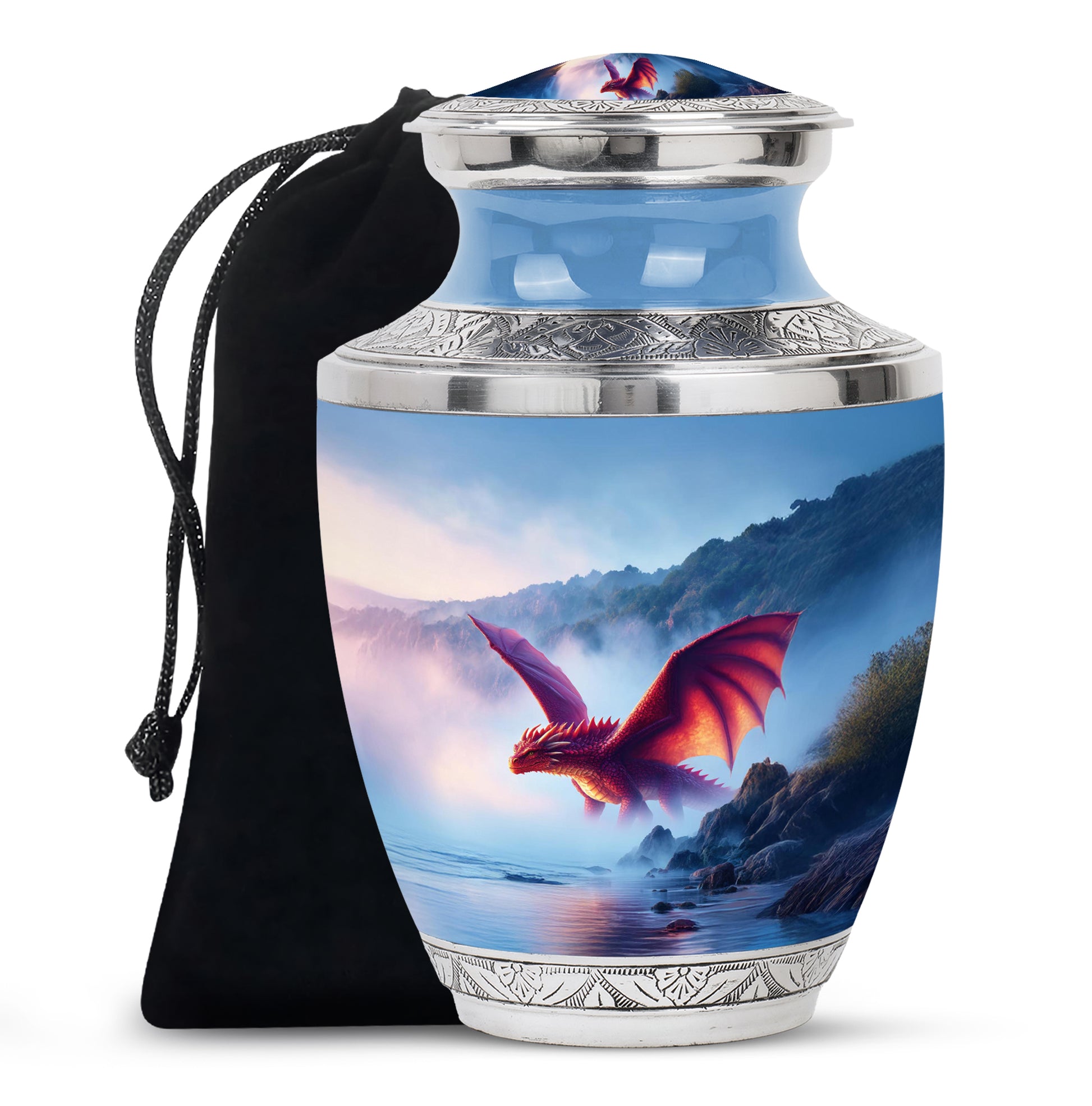 Twilight Blue Dragon Cremation Urn side profile showing urn shape - artistic dragon interpretation with creative detail - full-size 10 inch 200 cubic inch adult cremation urn