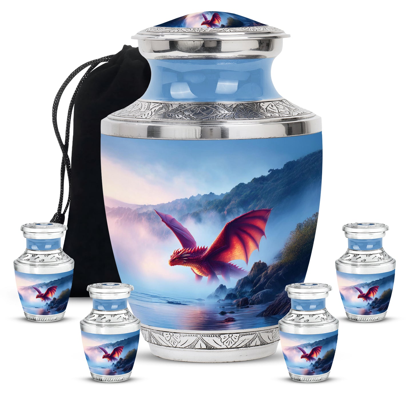 Celestial Blue Dragon Cremation Urn lifestyle display on memorial shelf - contemporary dragon design with modern artistic flair - memorial set with one large and four small urns