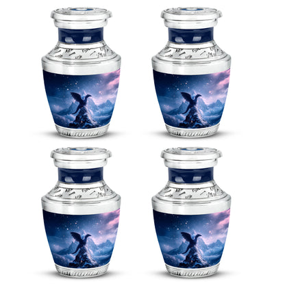 Twilight Blue Dragon Cremation Urn back view with polished surface - stylized abstract dragon pattern with bold lines - 10 inch aluminum urn for cremated remains