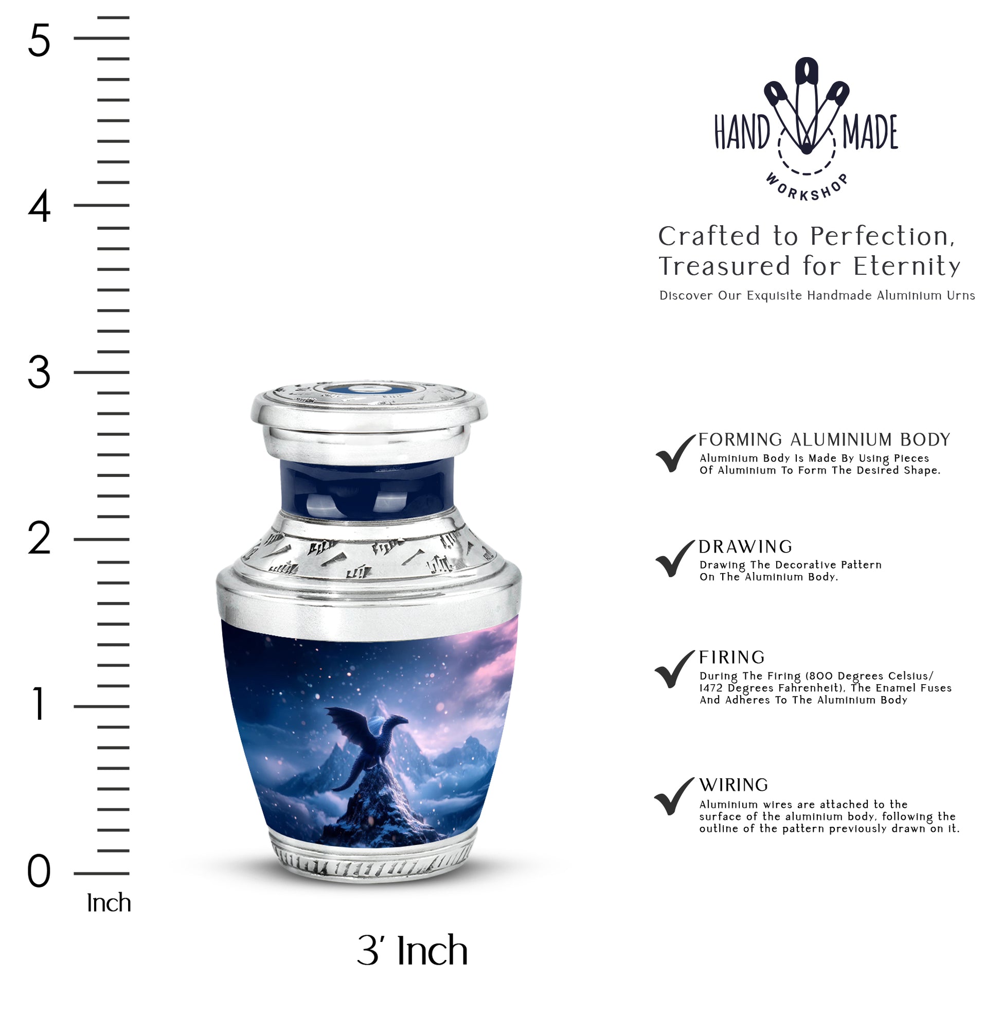 Vivid Blue Dragon Cremation Urn top-down view of secure threaded lid - stylized abstract dragon pattern with bold lines - mini keepsake memorial for portion of cremation ashes