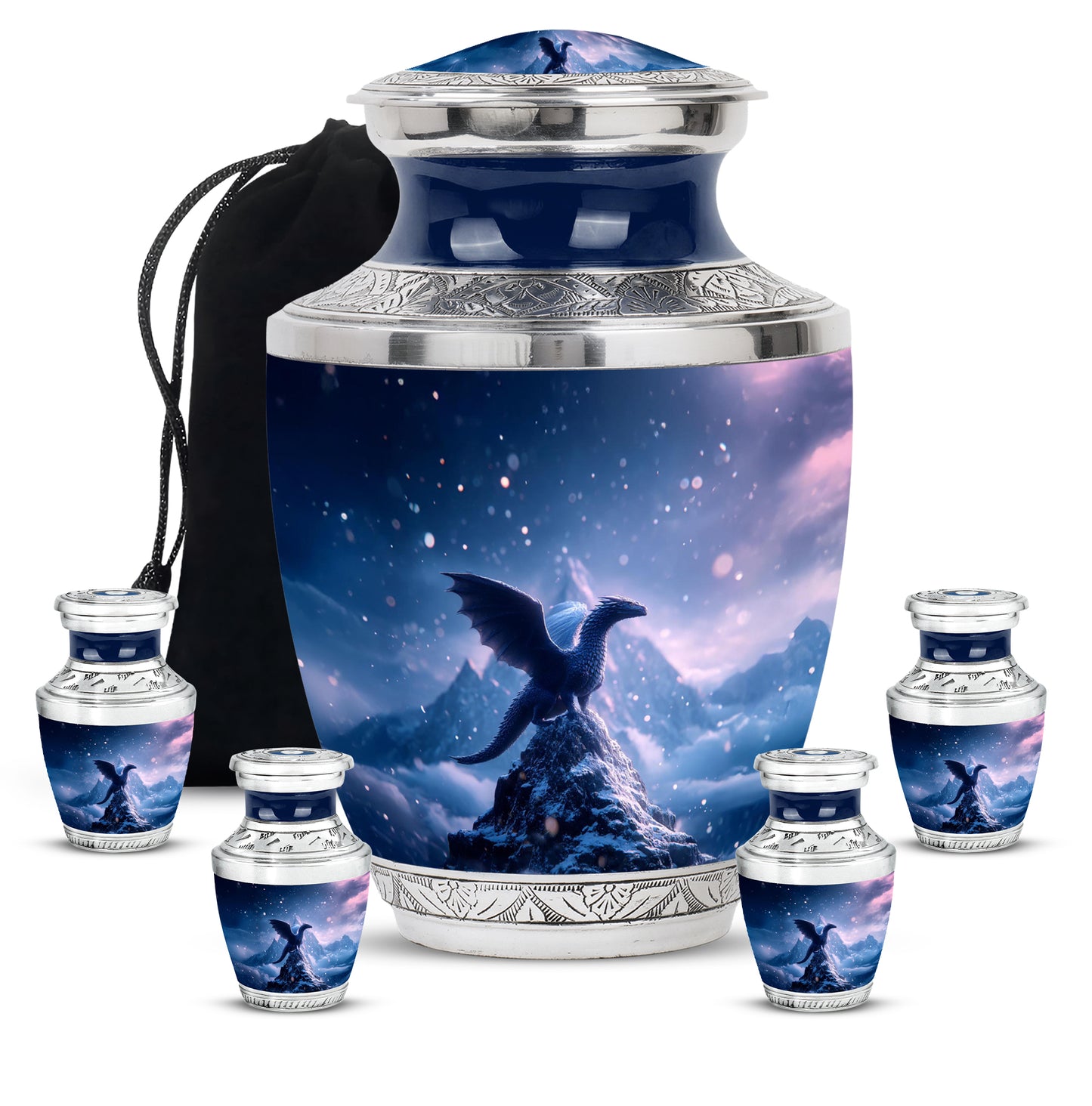 Bright Blue Dragon Cremation Urn lifestyle display on memorial shelf - artistic dragon interpretation with creative detail - memorial set with one large and four small urns
