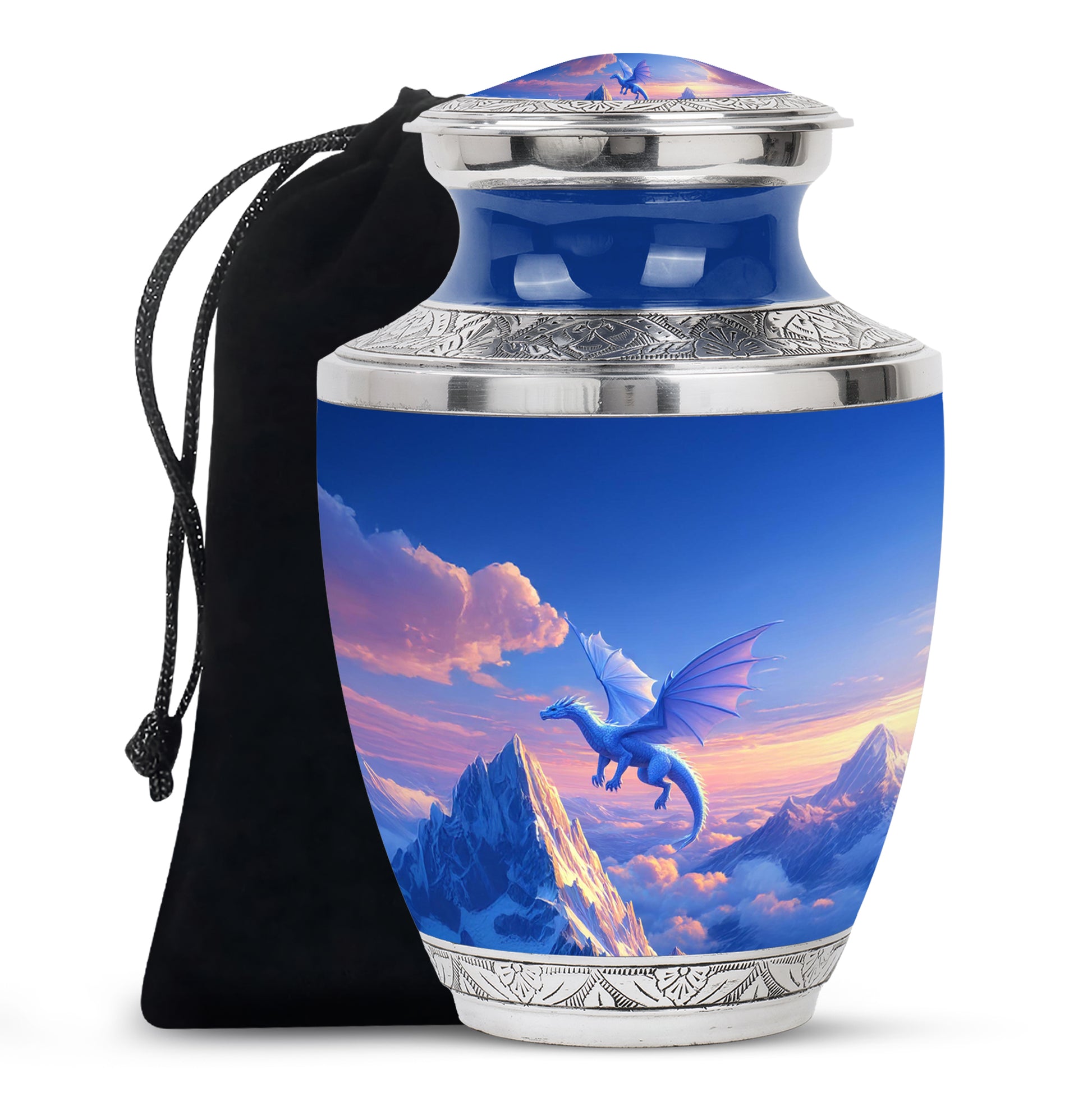 Bright Blue Dragon Cremation Urn side profile showing urn shape - artistic dragon interpretation with creative detail - full-size 10 inch 200 cubic inch adult cremation urn