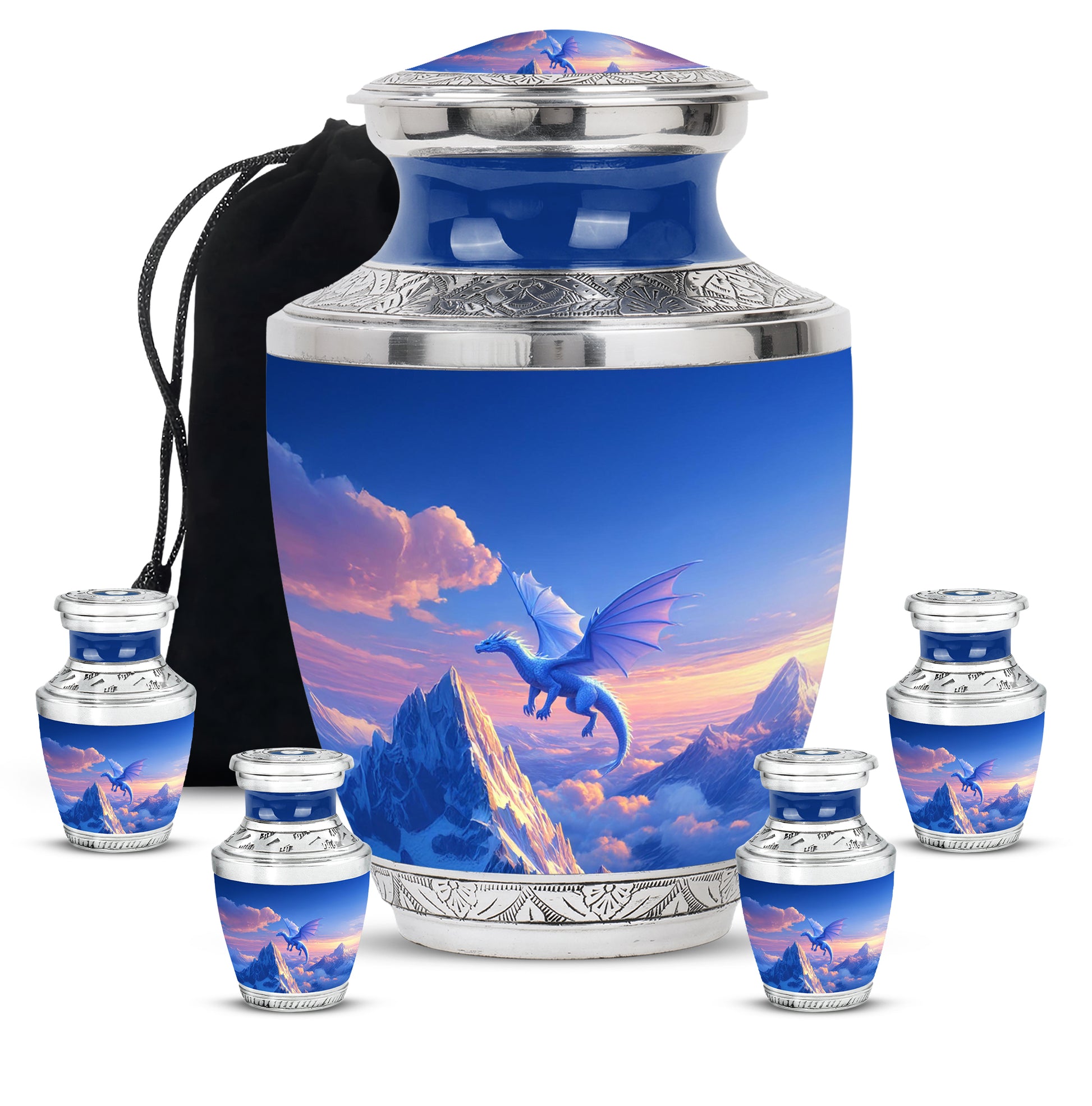Sky Blue Dragon Cremation Urn lifestyle display on memorial shelf - modern art-inspired dragon motif on sleek aluminum - memorial set with one large and four small urns