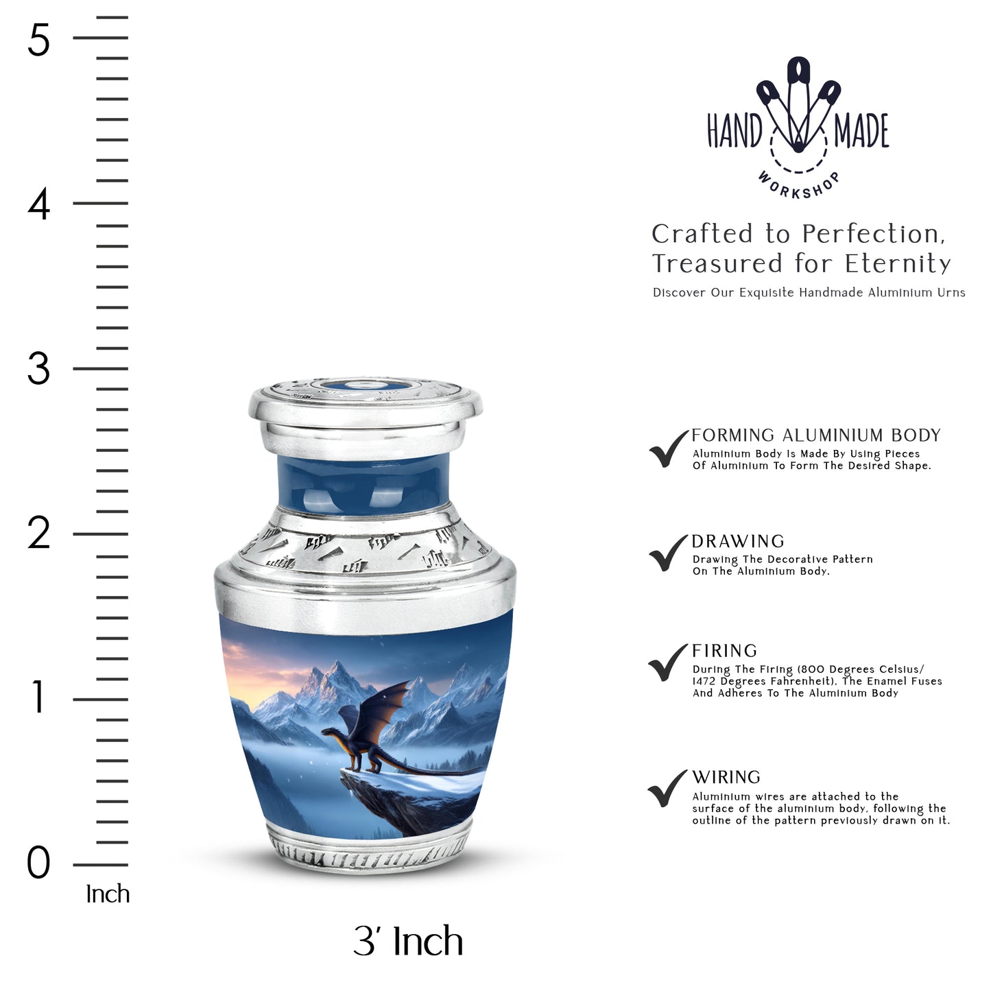 Royal Blue Dragon Cremation Urn top-down view of secure threaded lid - stylized abstract dragon pattern with bold lines - mini keepsake memorial for portion of cremation ashes