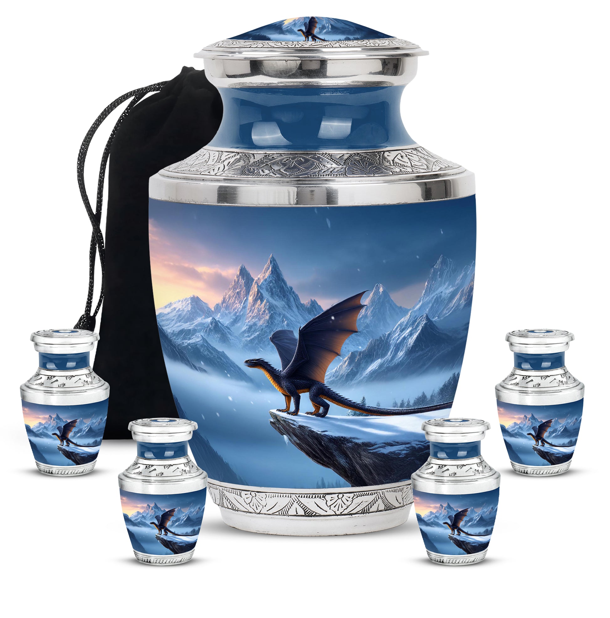 Icy Blue Dragon Cremation Urn lifestyle display on memorial shelf - modern art-inspired dragon motif on sleek aluminum - memorial set with one large and four small urns