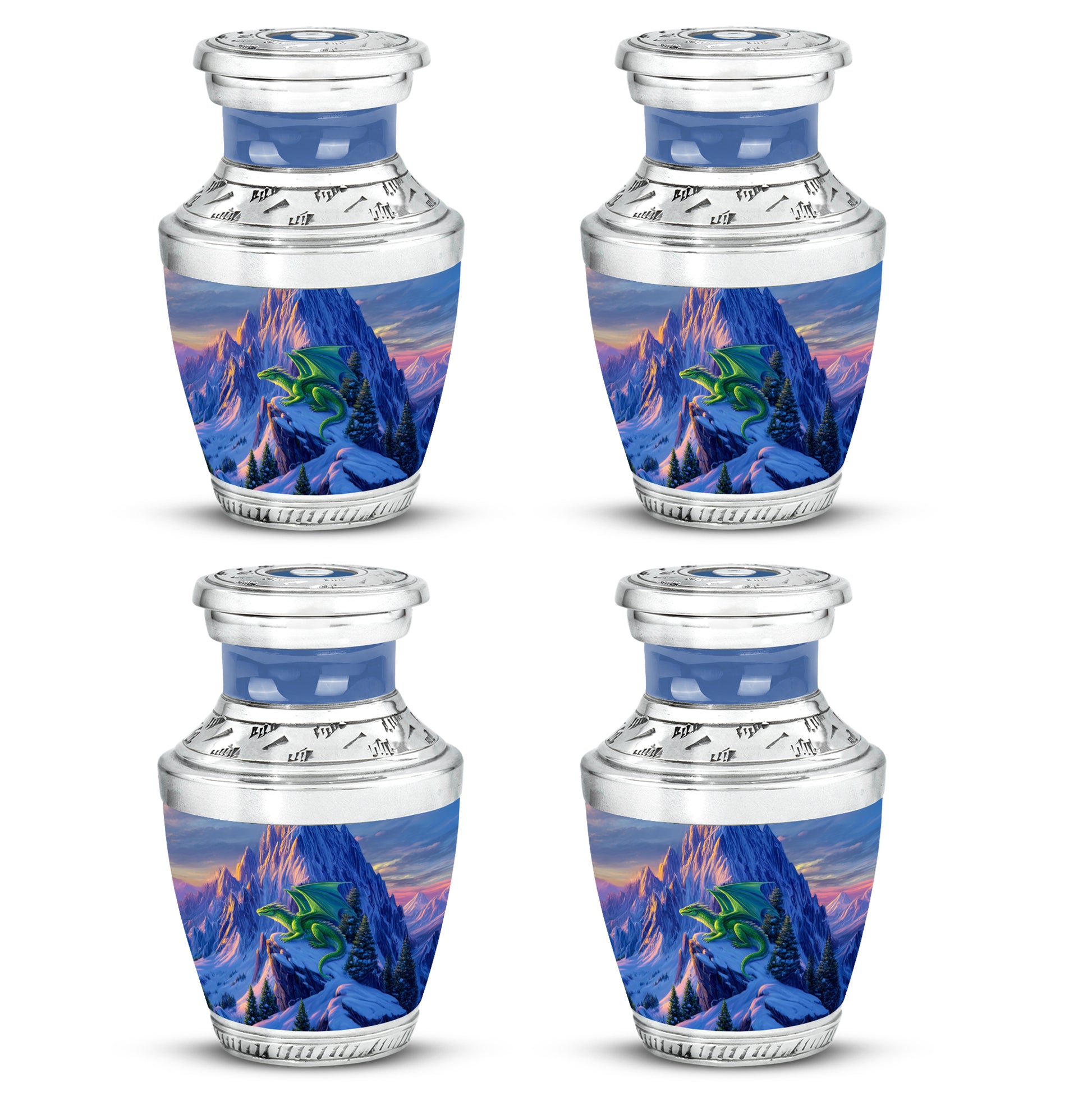Navy Blue Dragon Cremation Urn back view with polished surface - contemporary dragon design with modern artistic flair - 10 inch aluminum urn for cremated remains