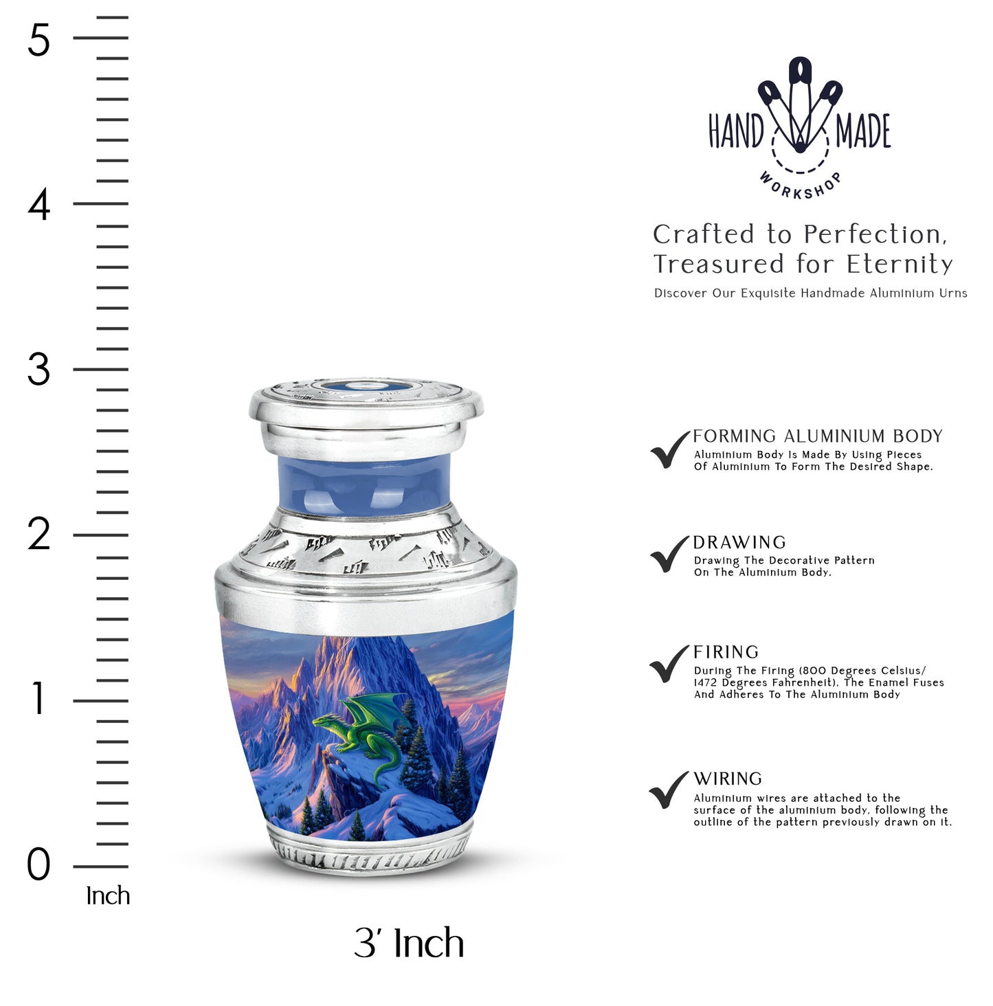 Steel Blue Dragon Cremation Urn top-down view of secure threaded lid - artistic dragon interpretation with creative detail - mini keepsake memorial for portion of cremation ashes