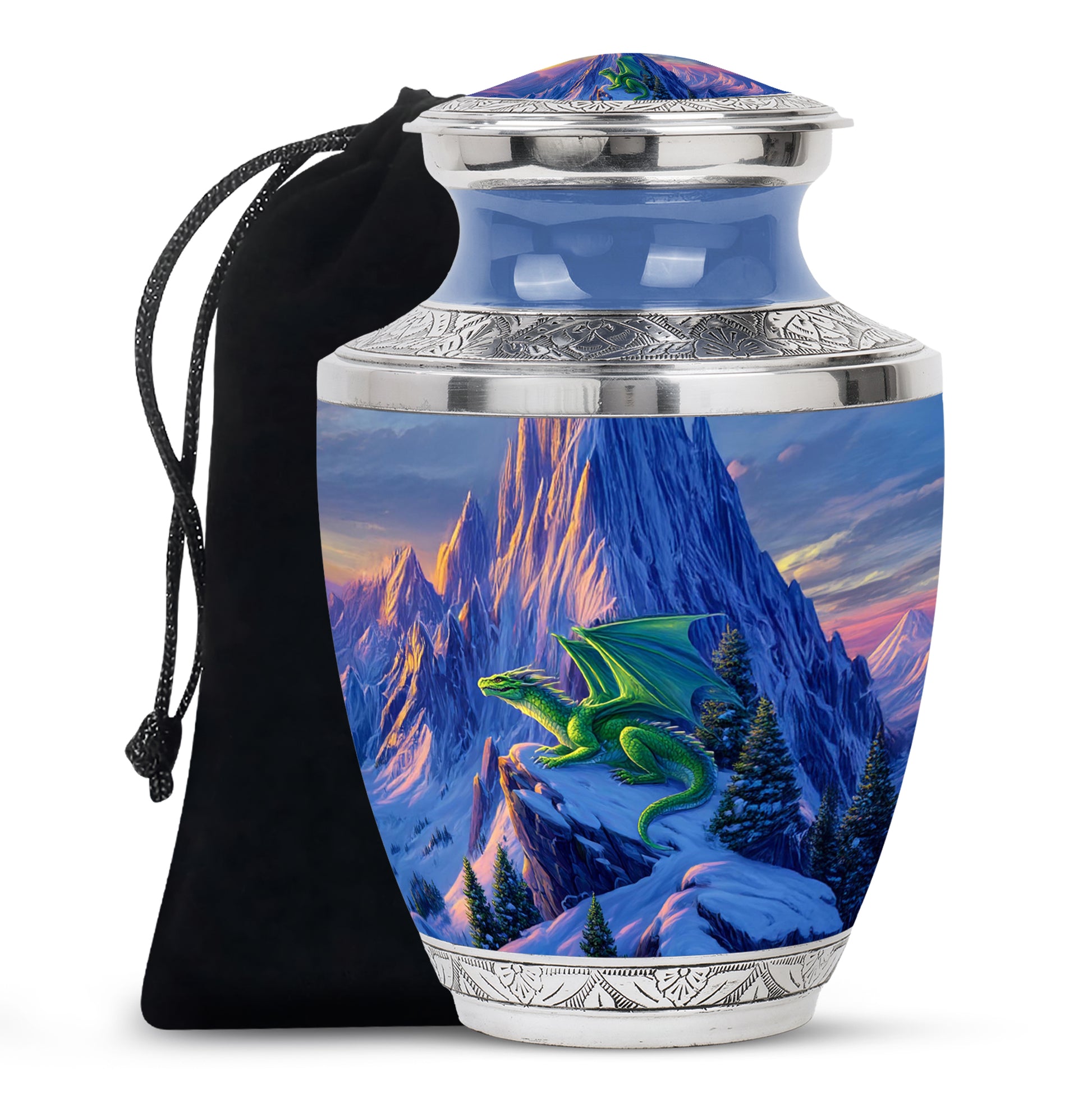 Sapphire Blue Dragon Cremation Urn side profile showing urn shape - artistic dragon interpretation with creative detail - full-size 10 inch 200 cubic inch adult cremation urn
