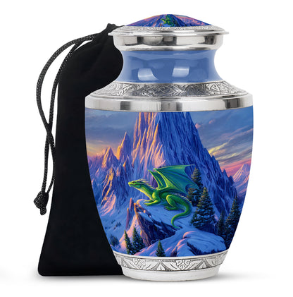 Sapphire Blue Dragon Cremation Urn side profile showing urn shape - artistic dragon interpretation with creative detail - full-size 10 inch 200 cubic inch adult cremation urn