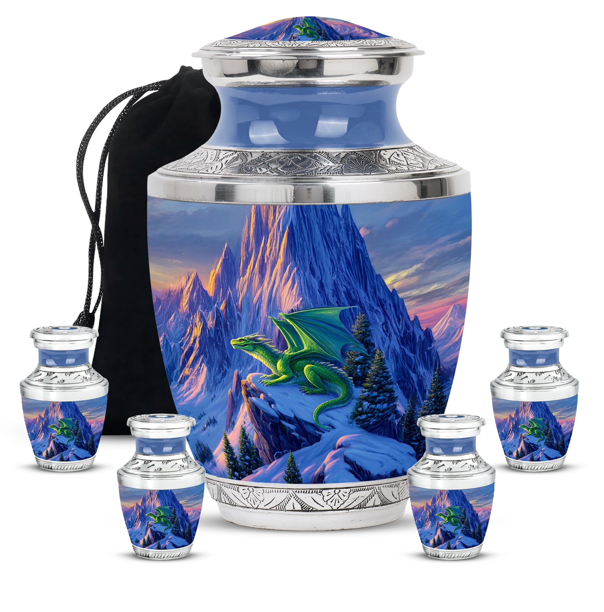 Celestial Blue Dragon Cremation Urn lifestyle display on memorial shelf - modern art-inspired dragon motif on sleek aluminum - memorial set with one large and four small urns
