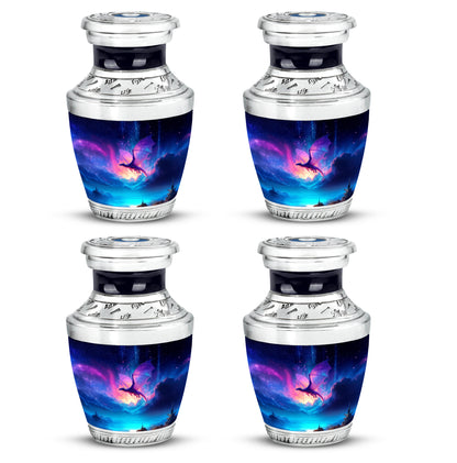 Cornflower Blue Dragon Cremation Urn back view with polished surface - artistic dragon interpretation with creative detail - 10 inch aluminum urn for cremated remains