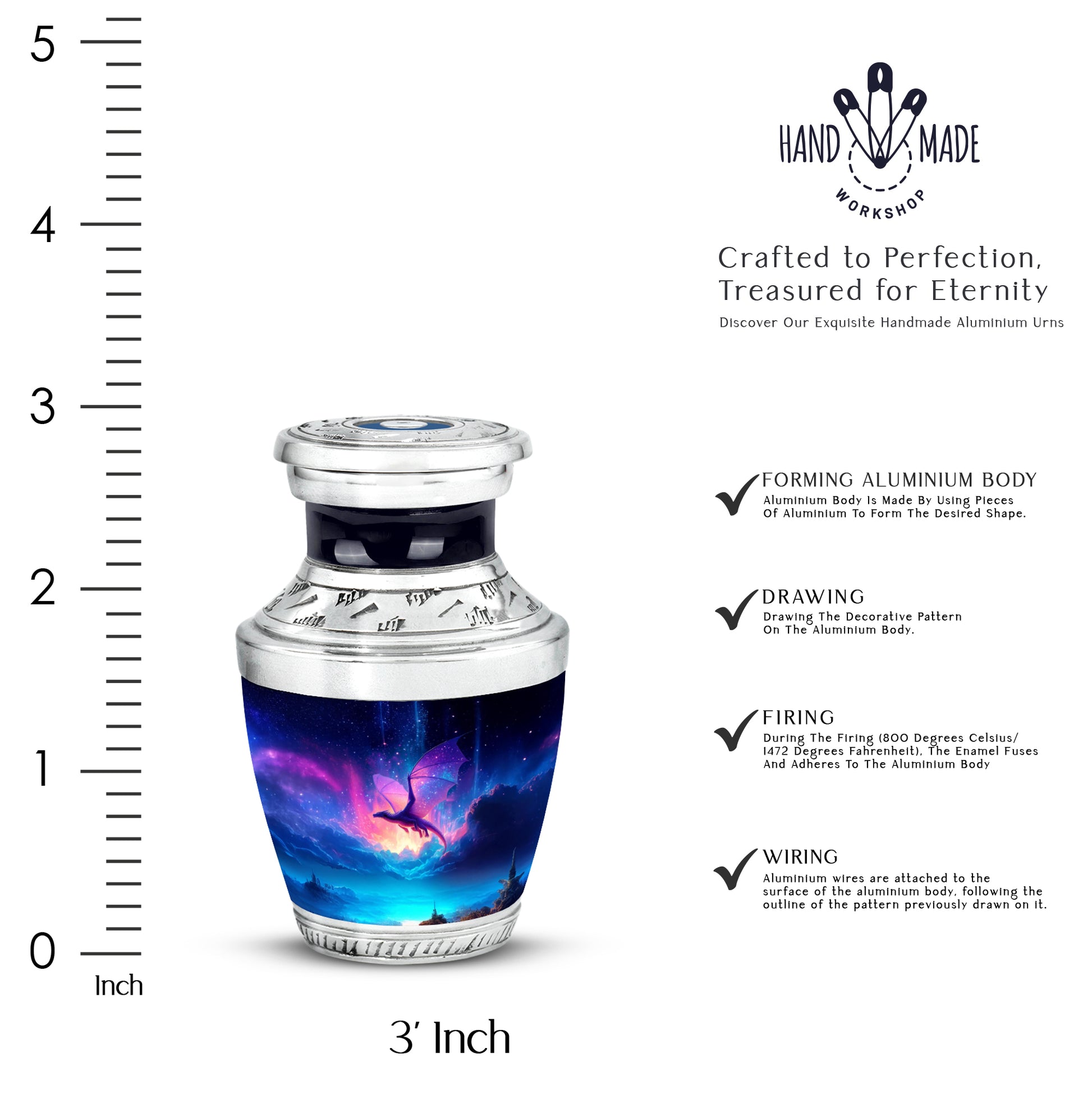 Bright Blue Dragon Cremation Urn top-down view of secure threaded lid - artistic dragon interpretation with creative detail - mini keepsake memorial for portion of cremation ashes