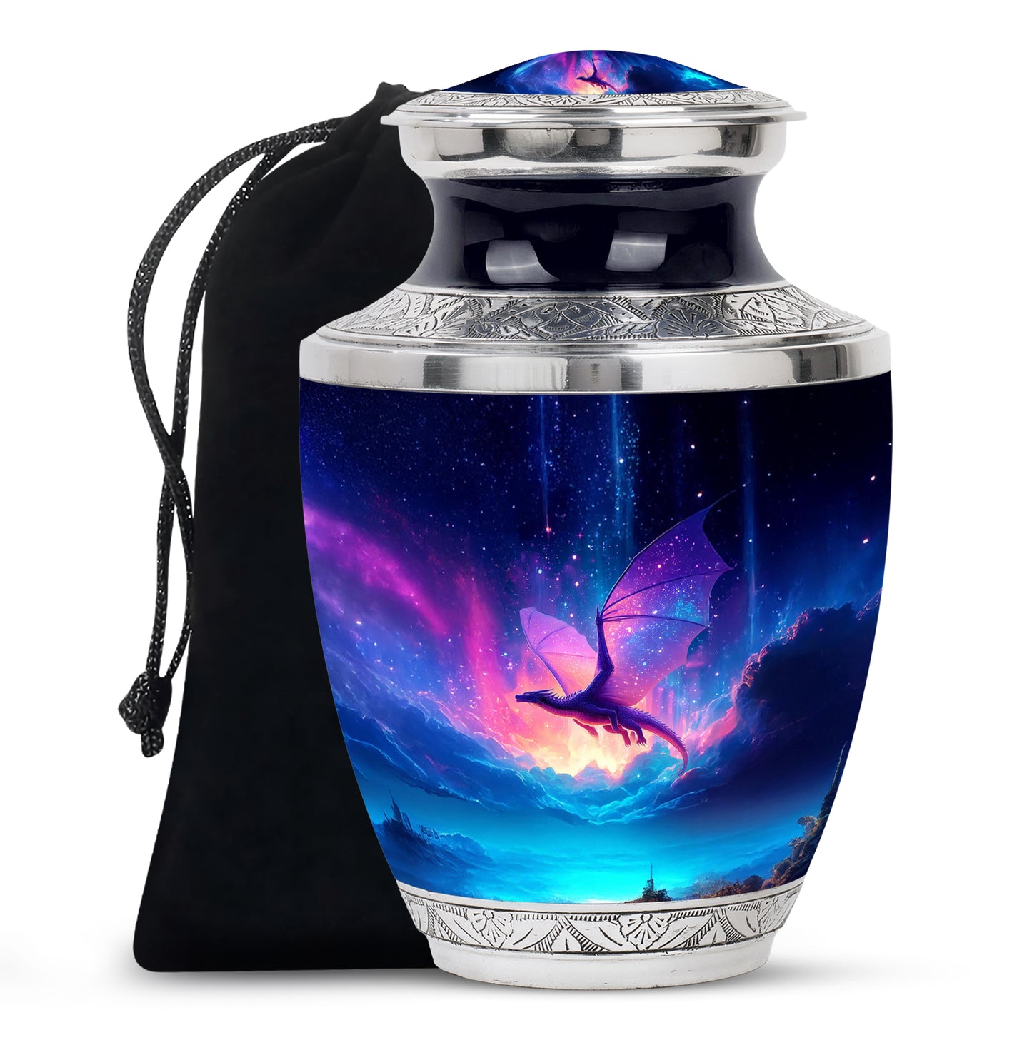 Icy Blue Dragon Cremation Urn side profile showing urn shape - contemporary dragon design with modern artistic flair - full-size 10 inch 200 cubic inch adult cremation urn