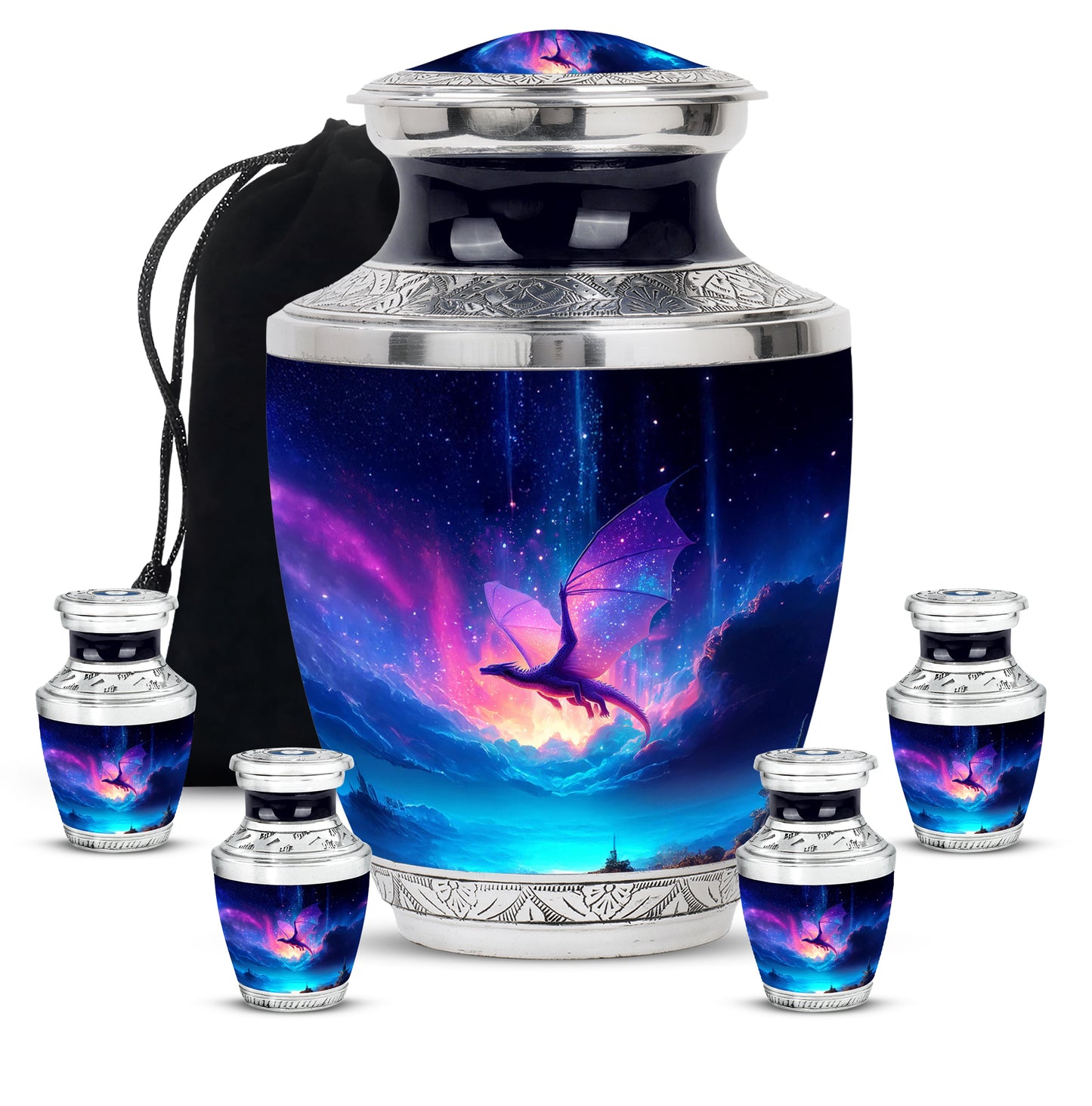 Dusty Blue Dragon Cremation Urn lifestyle display on memorial shelf - modern art-inspired dragon motif on sleek aluminum - memorial set with one large and four small urns