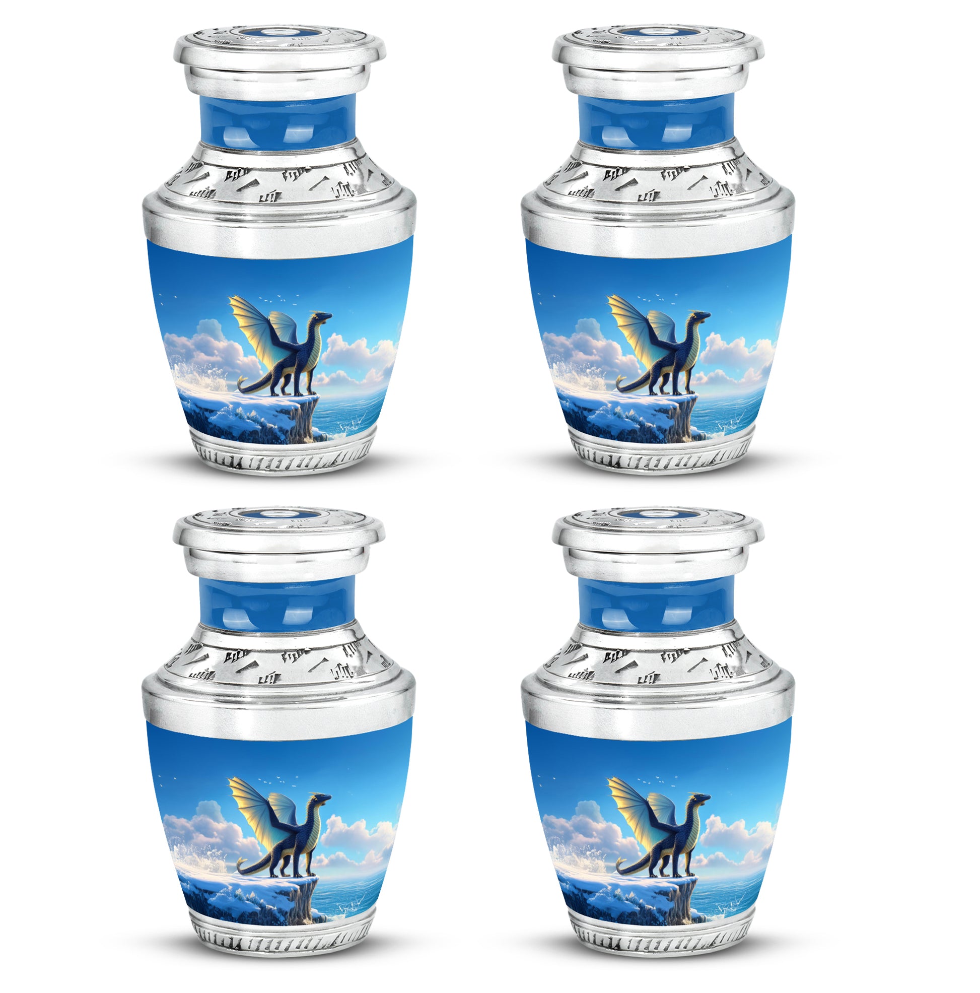 Cornflower Blue Dragon Cremation Urn back view with polished surface - artistic dragon interpretation with creative detail - 10 inch aluminum urn for cremated remains