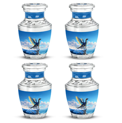 Cornflower Blue Dragon Cremation Urn back view with polished surface - artistic dragon interpretation with creative detail - 10 inch aluminum urn for cremated remains