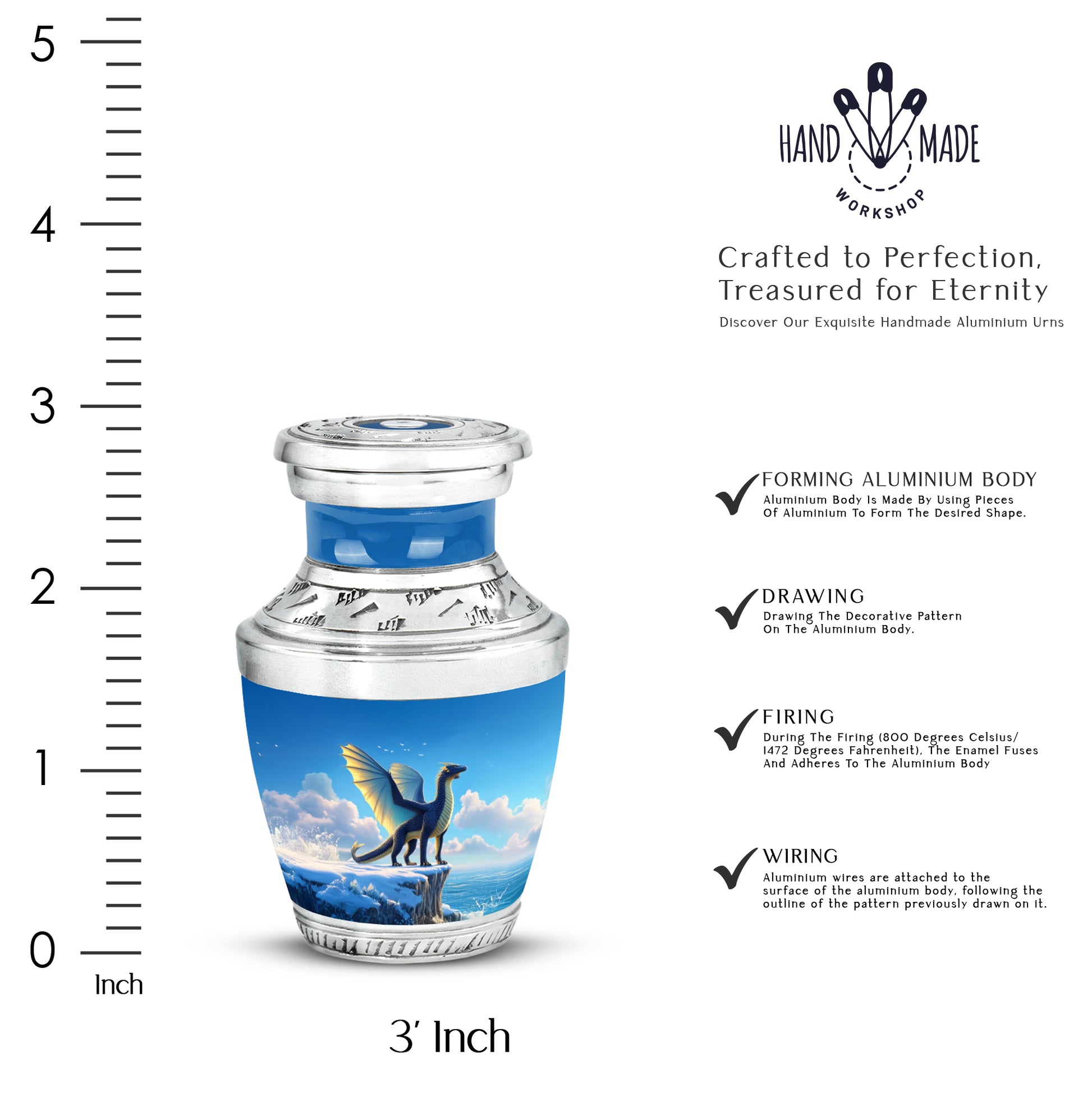 Bright Blue Dragon Cremation Urn top-down view of secure threaded lid - stylized abstract dragon pattern with bold lines - mini keepsake memorial for portion of cremation ashes