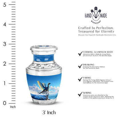 Bright Blue Dragon Cremation Urn top-down view of secure threaded lid - stylized abstract dragon pattern with bold lines - mini keepsake memorial for portion of cremation ashes